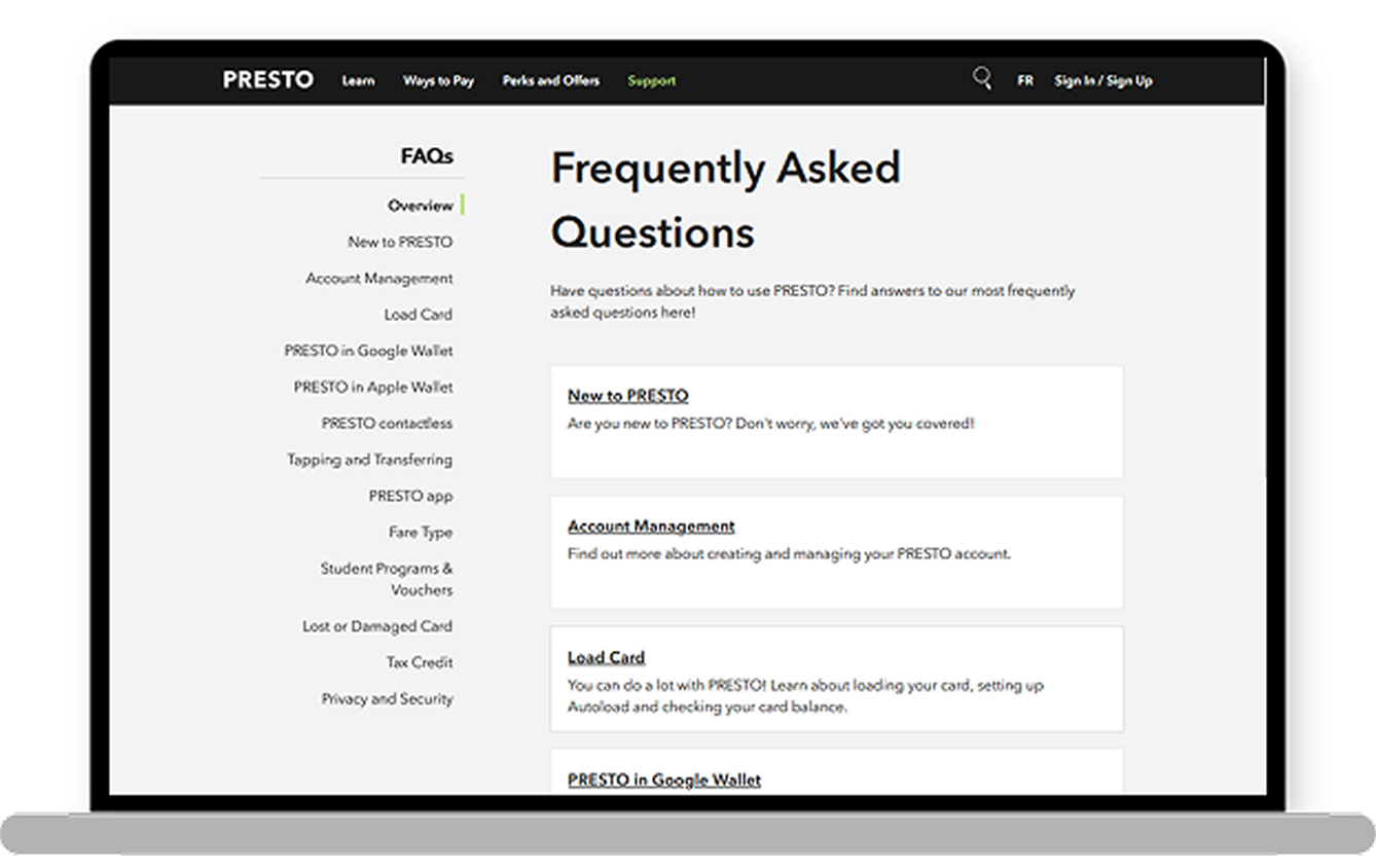 An image displayed inside a laptop mockup showing the current PRESTO dashboard. The main section features a large carousel displaying announcements. Below the carousel, there are notifications and the 'My Cards' section. On the left side of the screen, the text 'Welcome Rosa' is displayed.