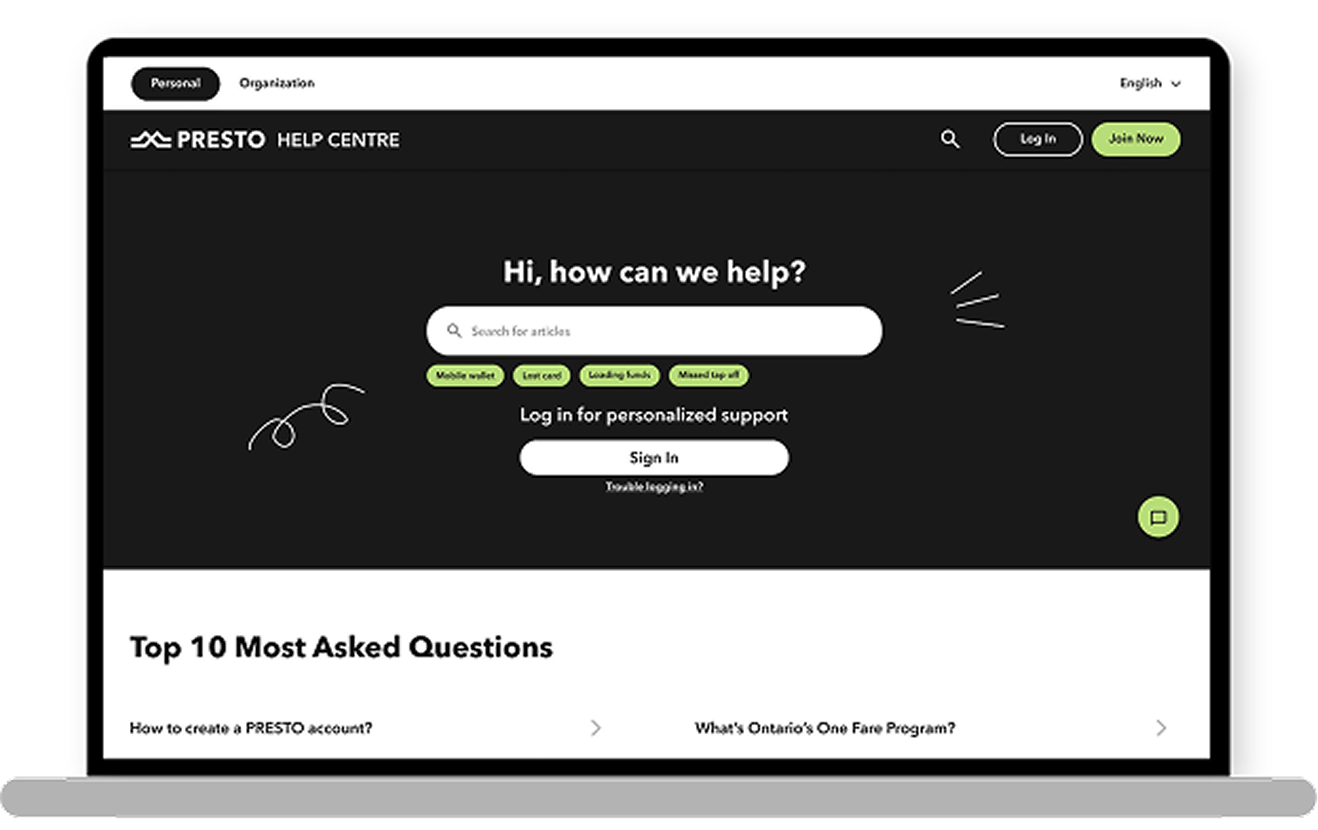 An image displayed inside a laptop mockup showing the new PRESTO dashboard. From left to right, there’s a new side navigation bar with icons, followed by the current PRESTO card displaying the balance. Below the card, a timer and load bar show the remaining transfer time. Further down, additional cards display the card image, name, number, fare type, and balance. On the right, 'Welcome back Emily' is shown with a hand emoji, along with a sign-out button and a language toggle. Below that, there’s a clean carousel for announcements, followed by recent transactions. At the far right, travel spending statistics are displayed with clear bar charts showing how much was spent this week.