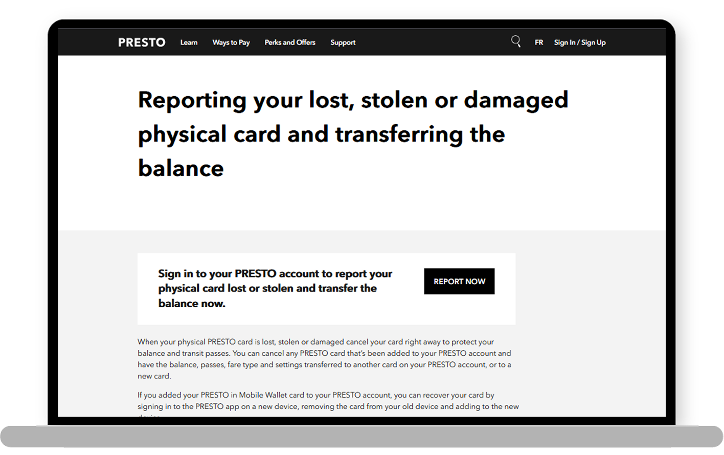 An image displayed inside a laptop mockup showing the current PRESTO dashboard. The main section features a large carousel displaying announcements. Below the carousel, there are notifications and the 'My Cards' section. On the left side of the screen, the text 'Welcome Rosa' is displayed.