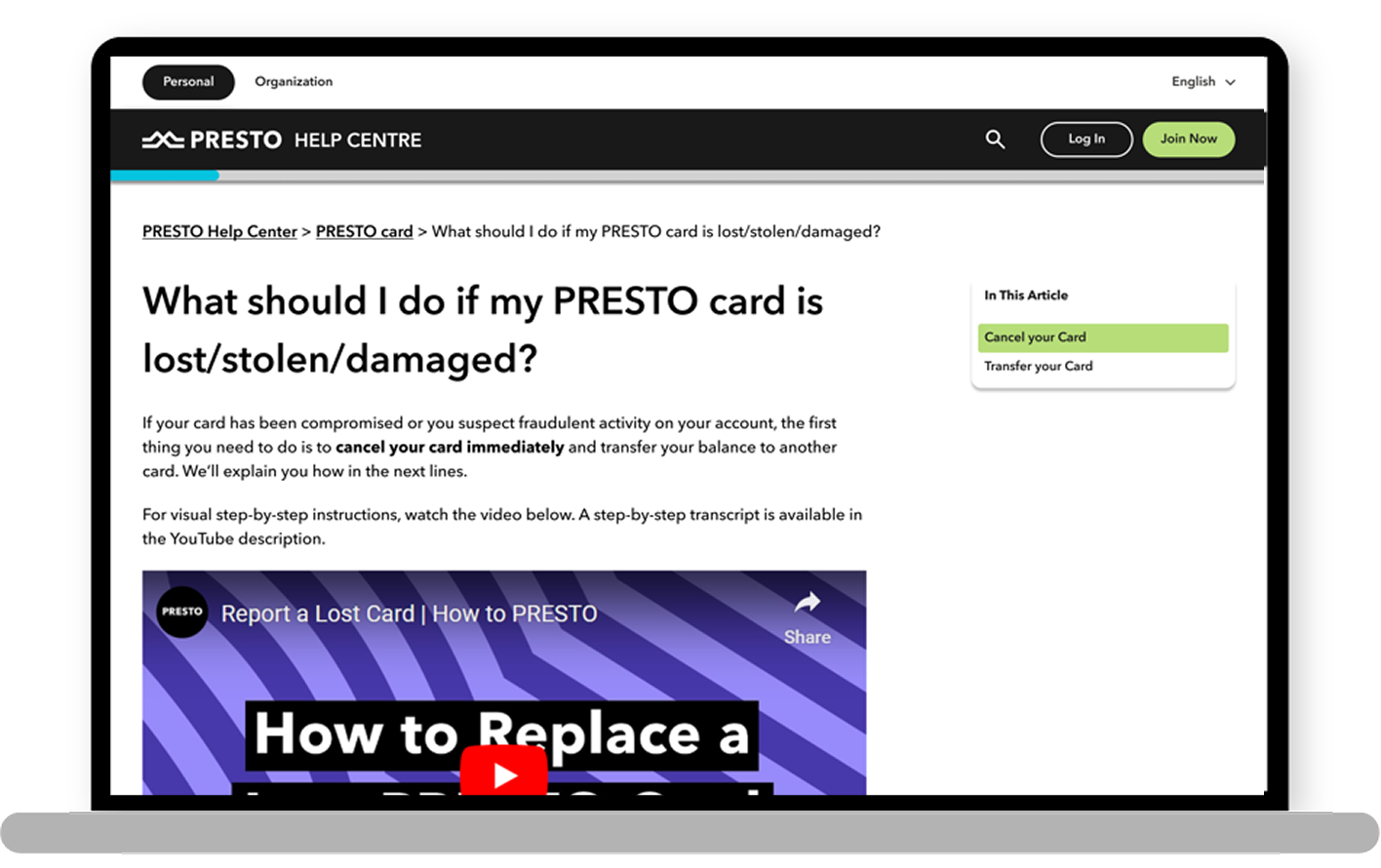 An image displayed inside a laptop mockup showing the new PRESTO dashboard. From left to right, there’s a new side navigation bar with icons, followed by the current PRESTO card displaying the balance. Below the card, a timer and load bar show the remaining transfer time. Further down, additional cards display the card image, name, number, fare type, and balance. On the right, 'Welcome back Emily' is shown with a hand emoji, along with a sign-out button and a language toggle. Below that, there’s a clean carousel for announcements, followed by recent transactions. At the far right, travel spending statistics are displayed with clear bar charts showing how much was spent this week.