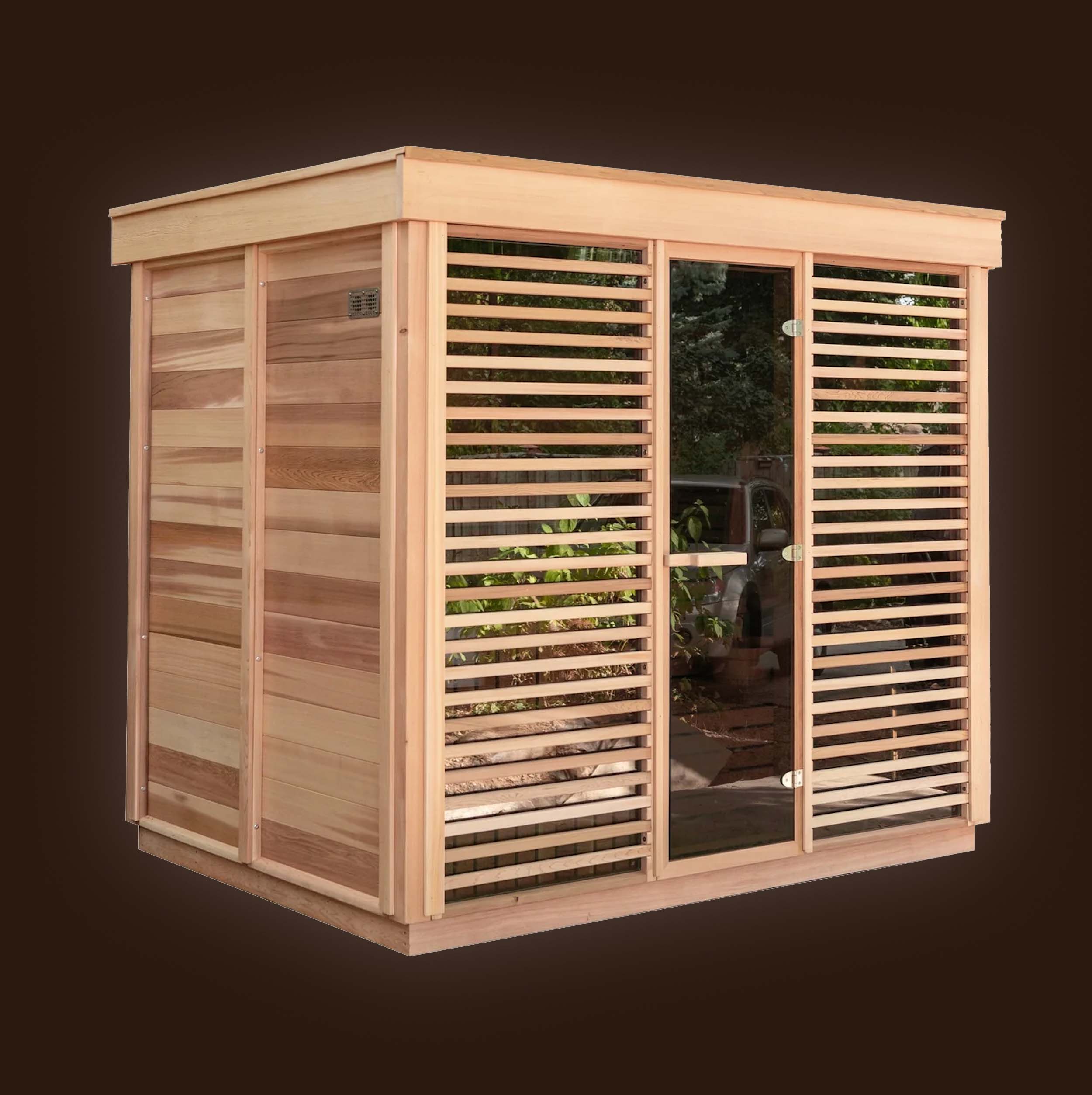 Designed with a vision of sophistication, minimalism, and purity, The Modern 690 Minimalist Sauna is built with premium raw and completely chemical free local Cypress or Cedar, as are all our units. It features a sleek, modern look with two front-facing windows and a glass door. For added privacy, optional semi-private panels include double-pane glass with a fixed cedar grill on the exterior, maintaining a serene and inviting atmosphere. Enjoy a refreshing sauna experience with family or friends in this thoughtfully crafted unit.
Seats up to 6 comfortably