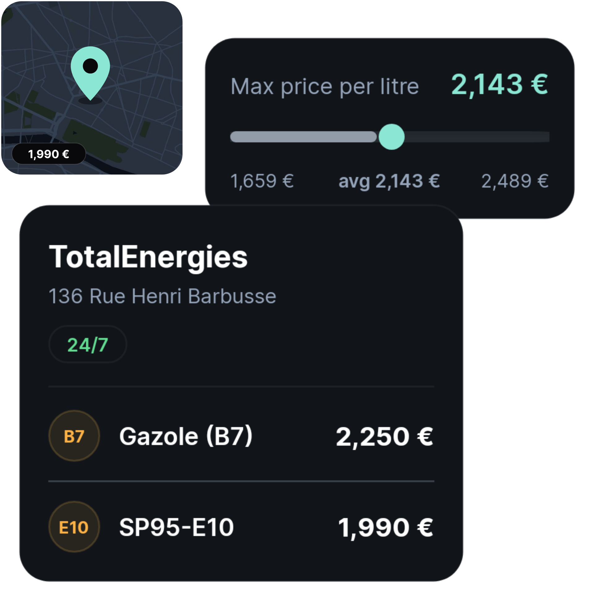 Live fuel price card showing a nearby TotalEnergies station with Gazole and SP95-E10 prices and a max price per litre slider
