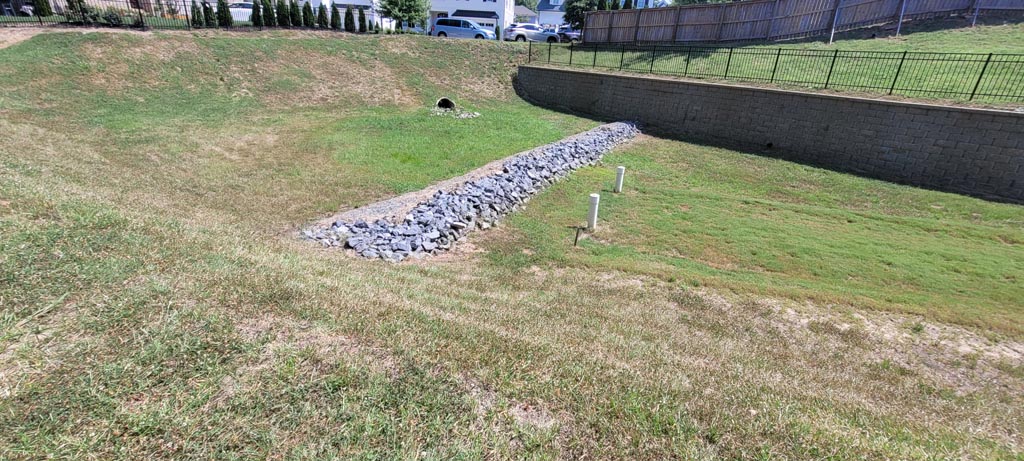 A new rock wall in a detention basin.