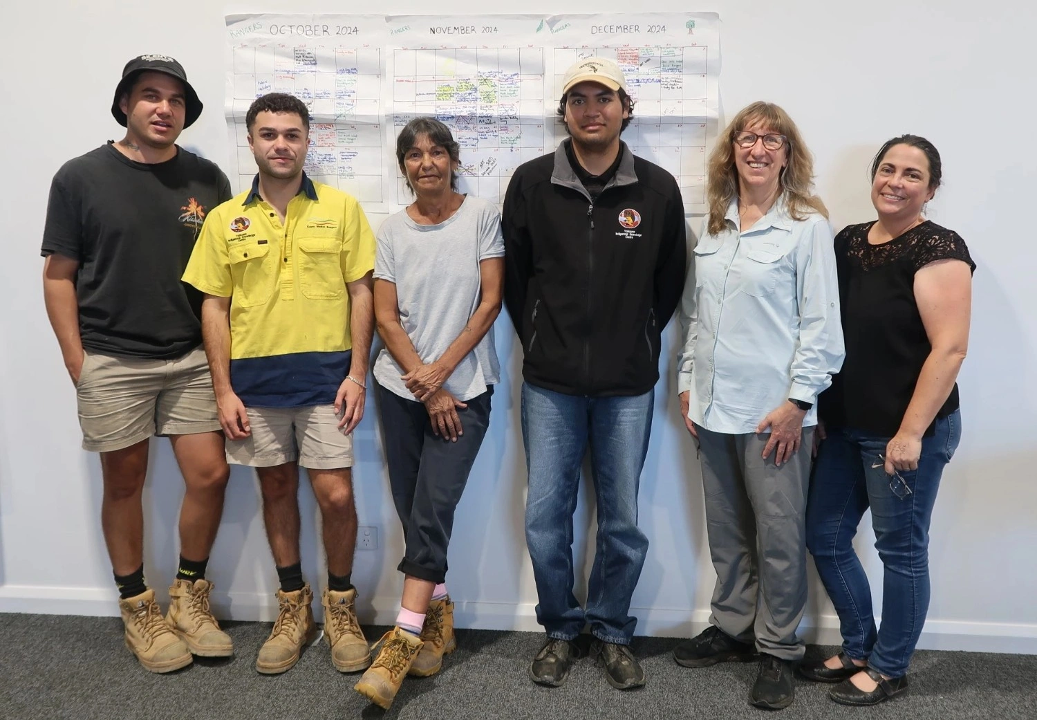 The Kolety Werkul River Rangers did field monitoring over 3 months in 2024. From left to right River Rangers Brandon Cooper, Riley Parsons-Cooper, Tracy Hamilton, and Shemar Day with Robyn Watts (Charles Sturt University), and Sandy Dellwo (Project Officer, Yarkuwa Indigenous Knowledge Centre) (Photo: Margrit Beemster). 