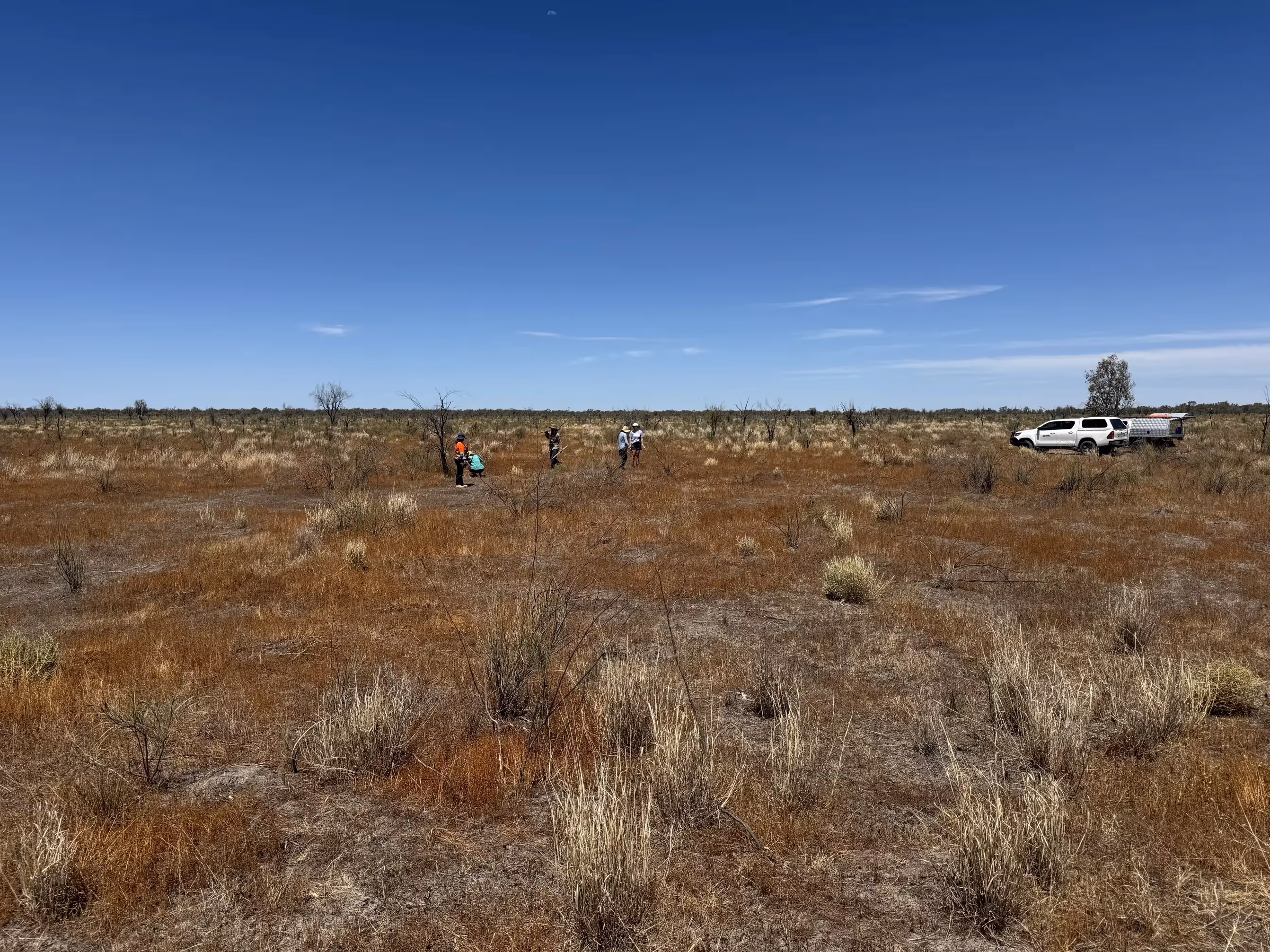 Dry shrubland with vast sky behind. Several people in the distance and a vehicle.