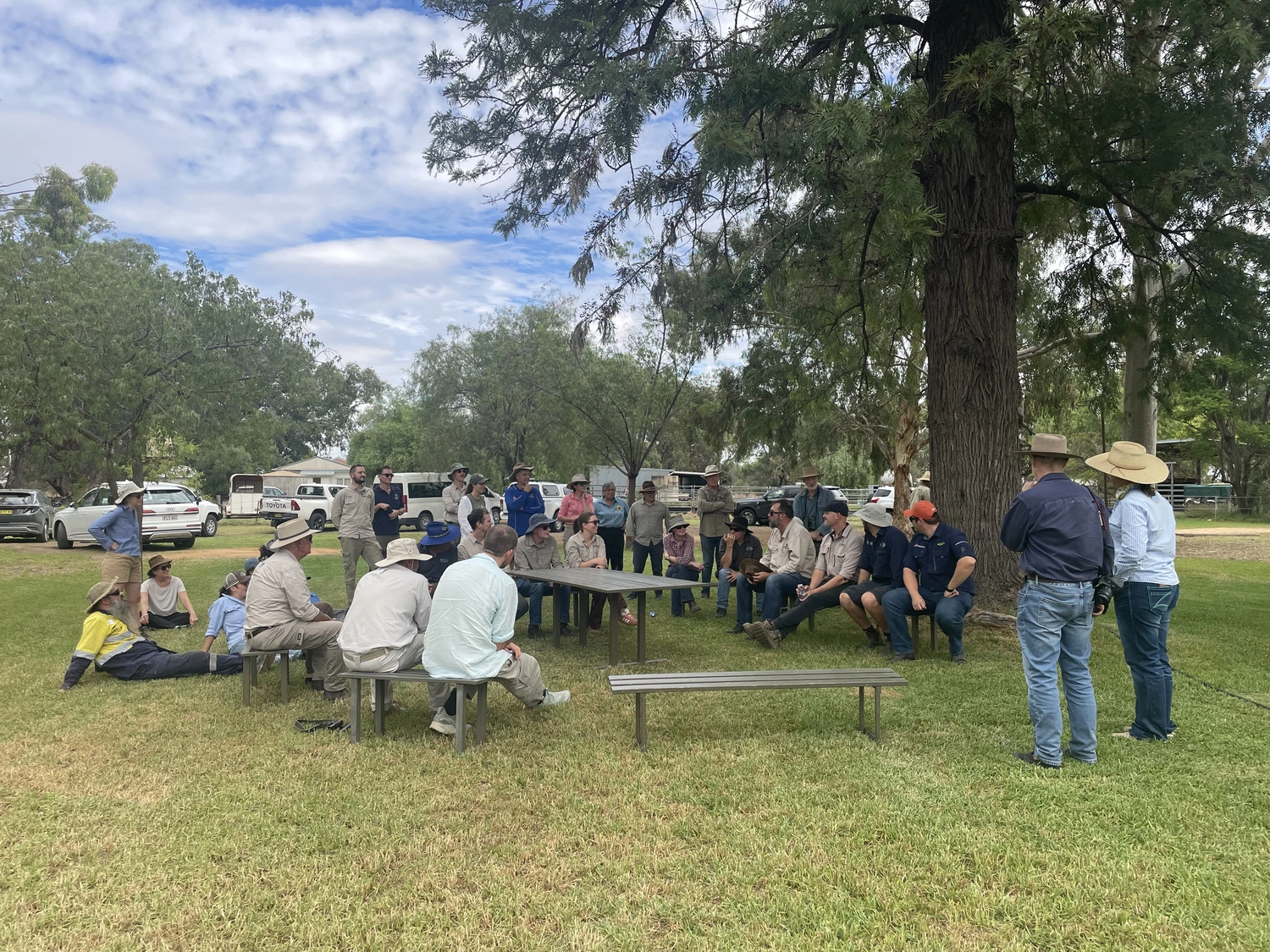 A group of people gathered outdoors sitting on benches and the ground and standing around a central table under a tree. The scene is a casual discussion and vehicles visible in the background.