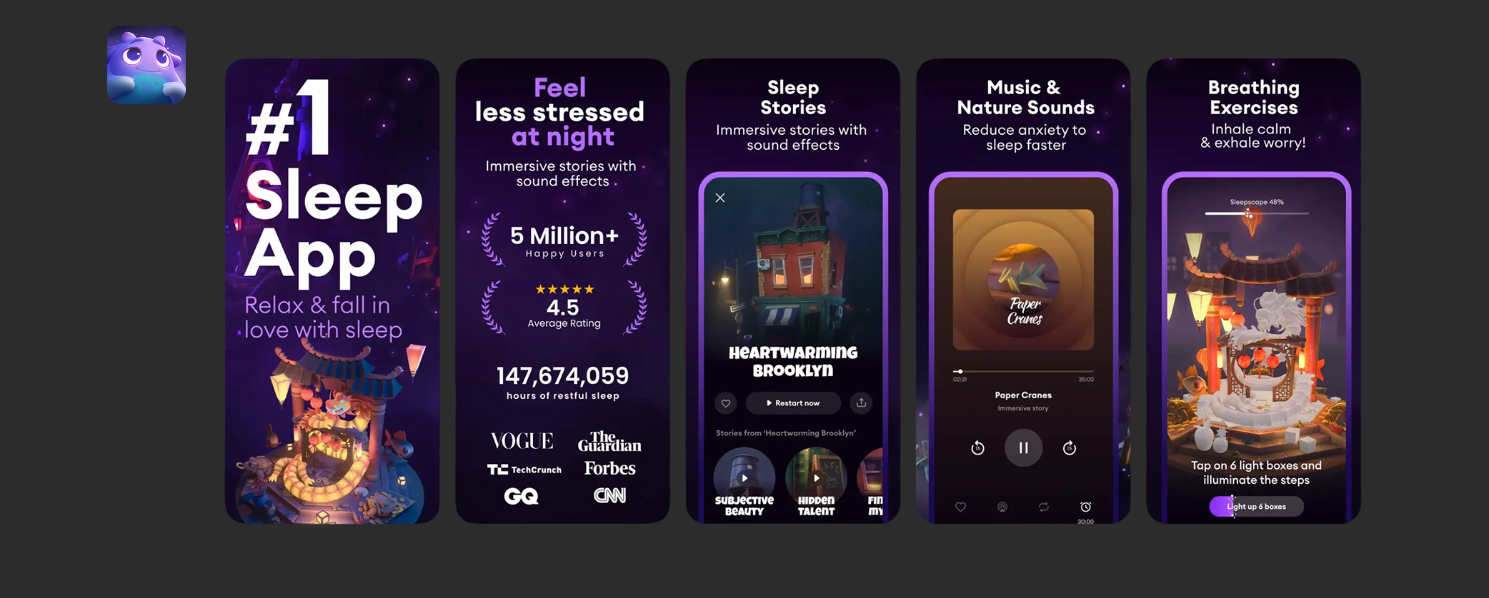 Sleep app interface with calming visuals and guided content illustrating human-centered design, user needs analysis, and a design thinking process focused on better rest