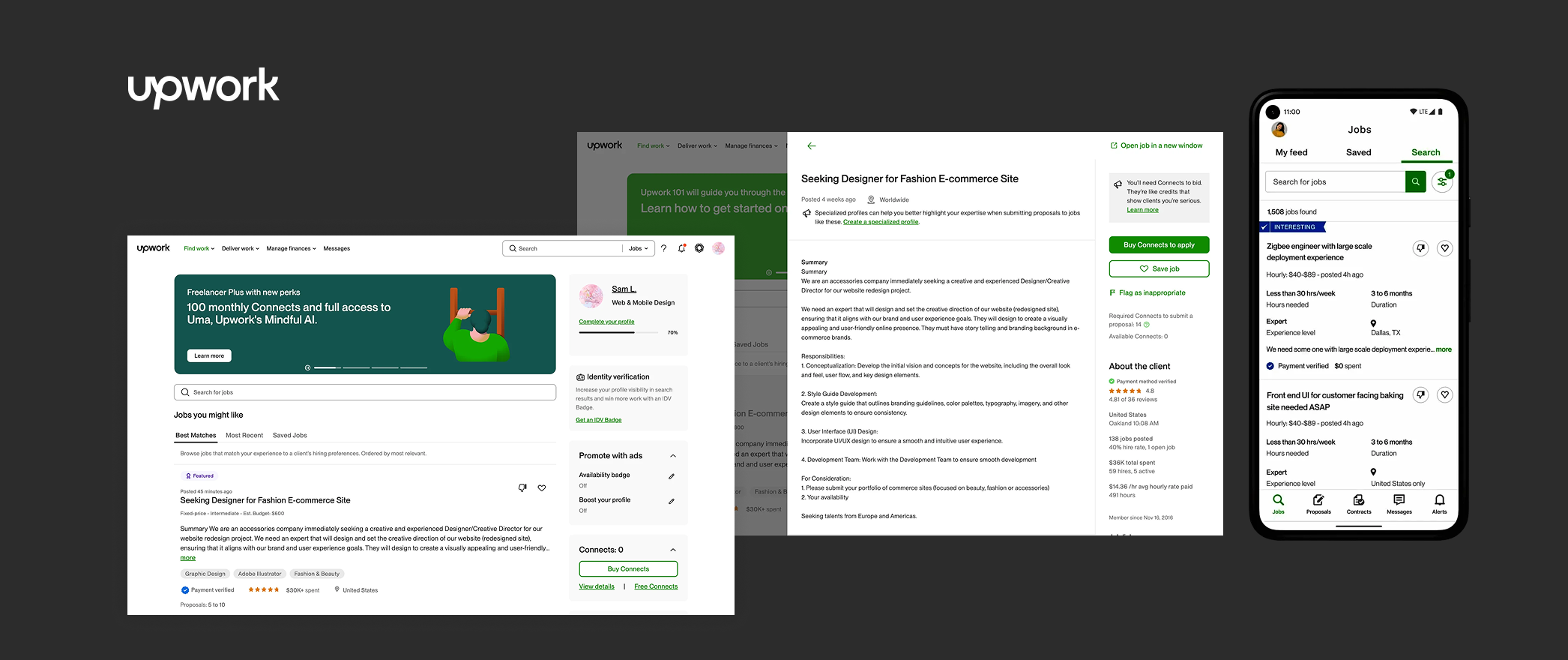 Upwork dashboard interface illustrating data-driven digital product design best practices, highlighting UX/UI principles and example of digital products optimized by analytics