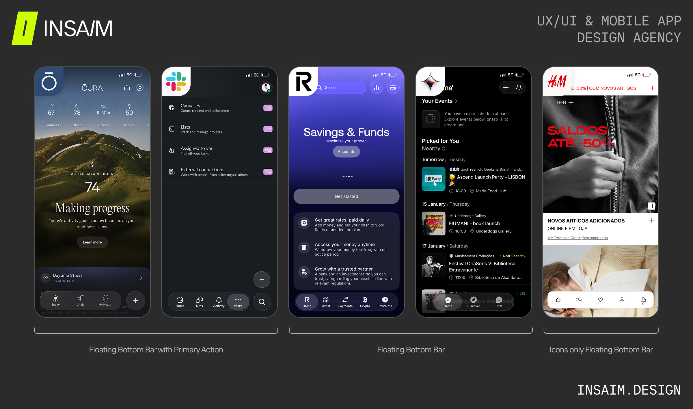 Five app screenshots illustrating Tab Bar / Bottom Navigation with Floating Bottom Bar with Primary Action, Floating Bottom Bar, and Icons-Only Floating Bottom Bar, showcasing creative app menu designs for UX, menu design inspiration, and best app menu page examples