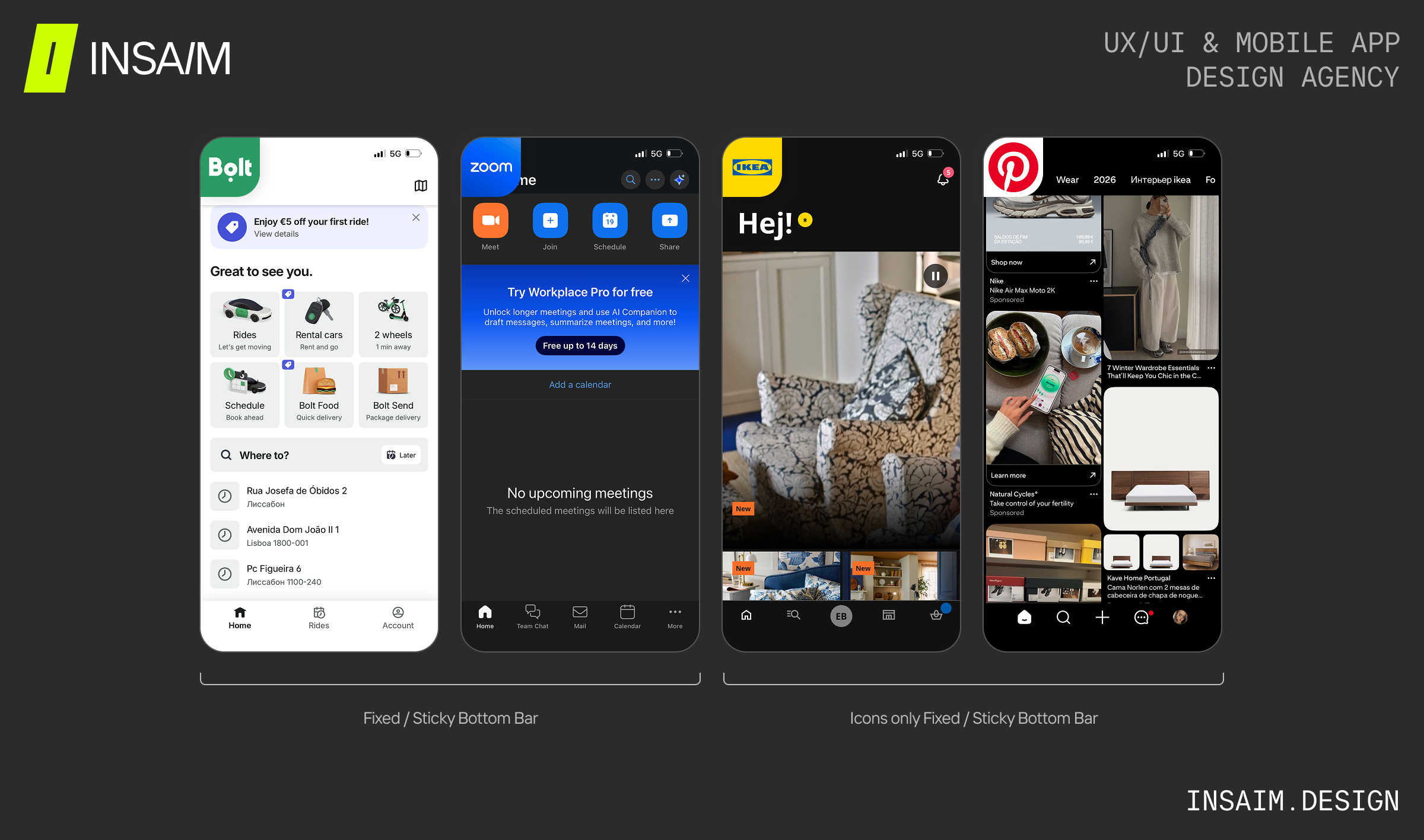 Four app screenshots showing Fixed / Sticky Bottom Bar and Icons-Only Fixed / Sticky Bottom Bar layouts in Tab Bar / Bottom Navigation, highlighting menu UI, app interface ideas, and creative app menu designs for UX, providing best app menu page examples and menu design inspiration.