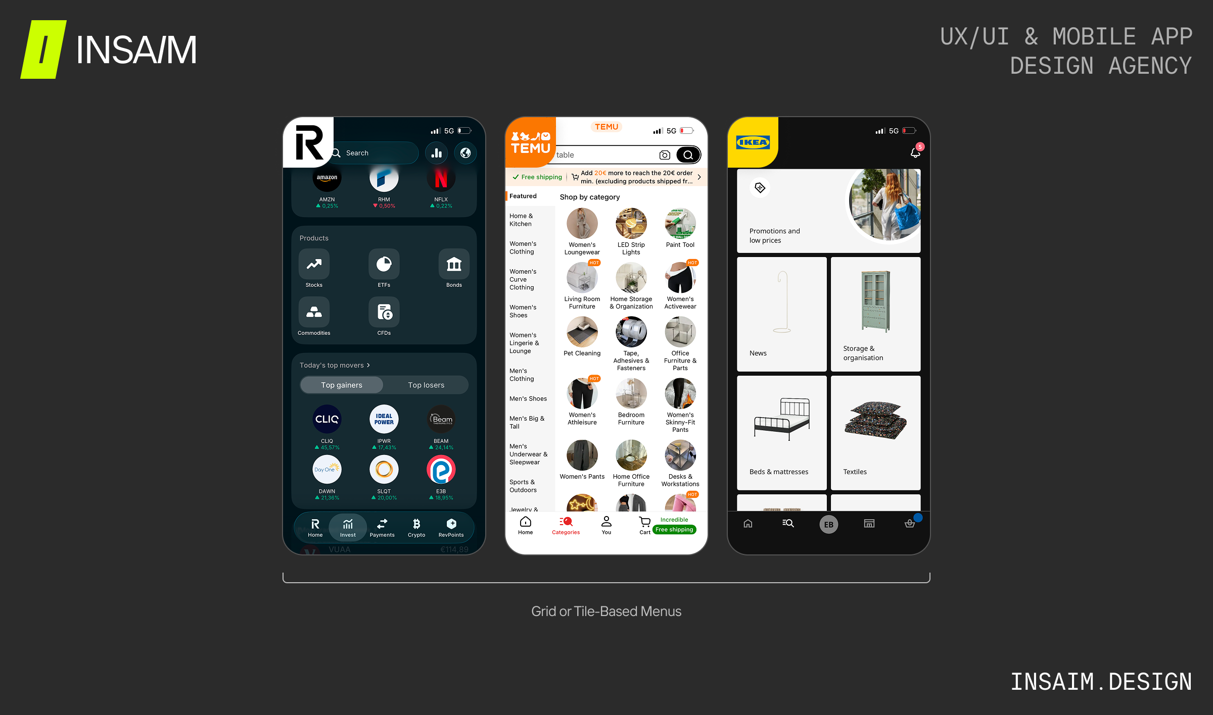 Three app screenshots illustrating Grid or Tile-Based Menus, demonstrating intuitive app menu page ideas, mobile app menu layout inspiration, creative app menu designs for UX, and best app menu page examples for engaging user navigation.