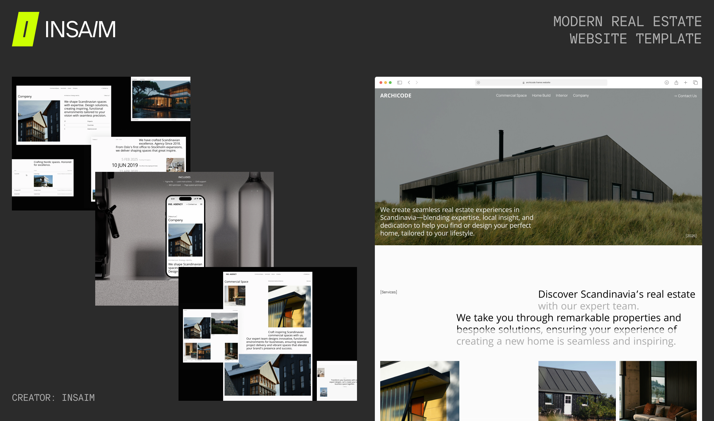 Modern real estate Framer template with bold typography, structured grid layout, property listings, and image-focused sections for agencies and developers.