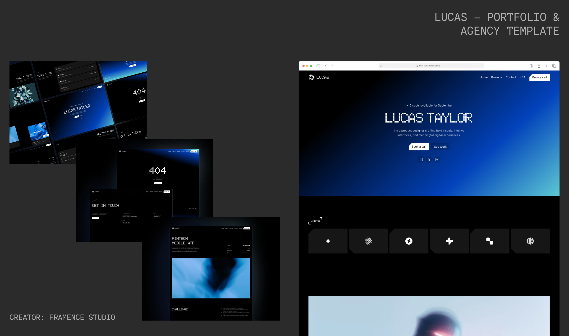 Bold dark-themed Framer portfolio template for creatives and agencies featuring structured project sections, pricing tables, testimonials, and a minimalist layout.