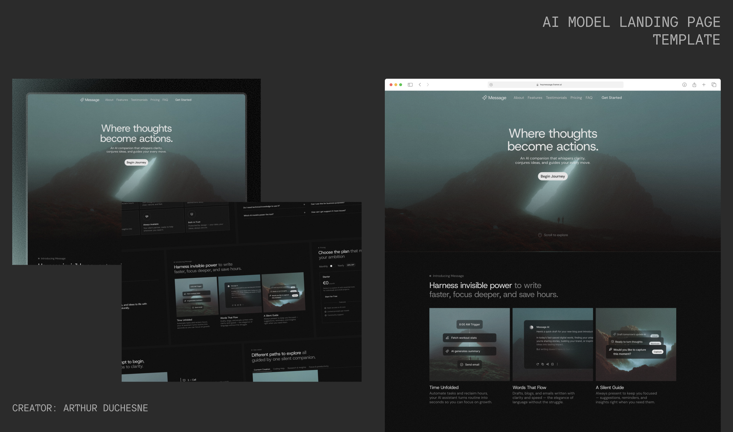 Sleek Framer template for AI startups and generative tools featuring bold typography, flexible layout sections, and a modern conversion-focused design.