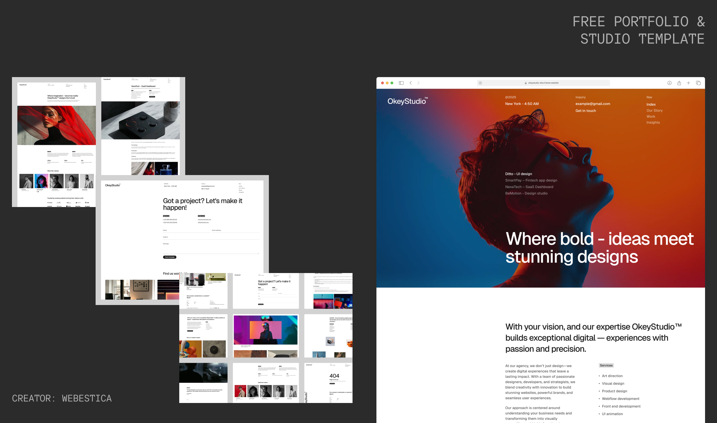 Bold minimalist Framer portfolio template with clean layout, structured sections, and modern design for creatives and studios.