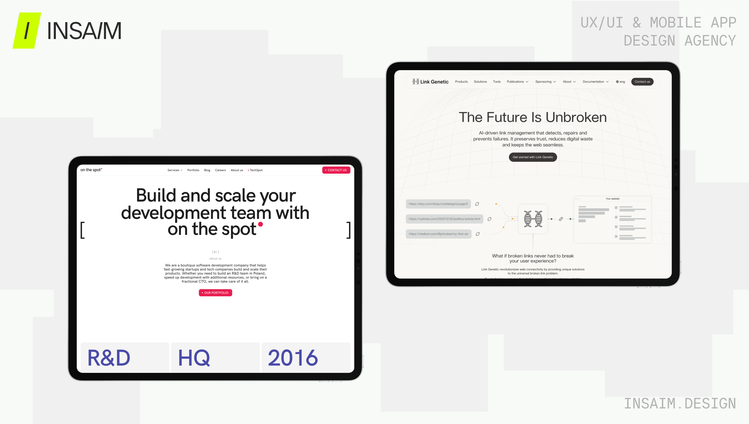 Two tablet mockups of modern startup company website design examples on a clean light background, showcasing bold headlines and minimalist layouts created by a UX/UI and mobile app design agency