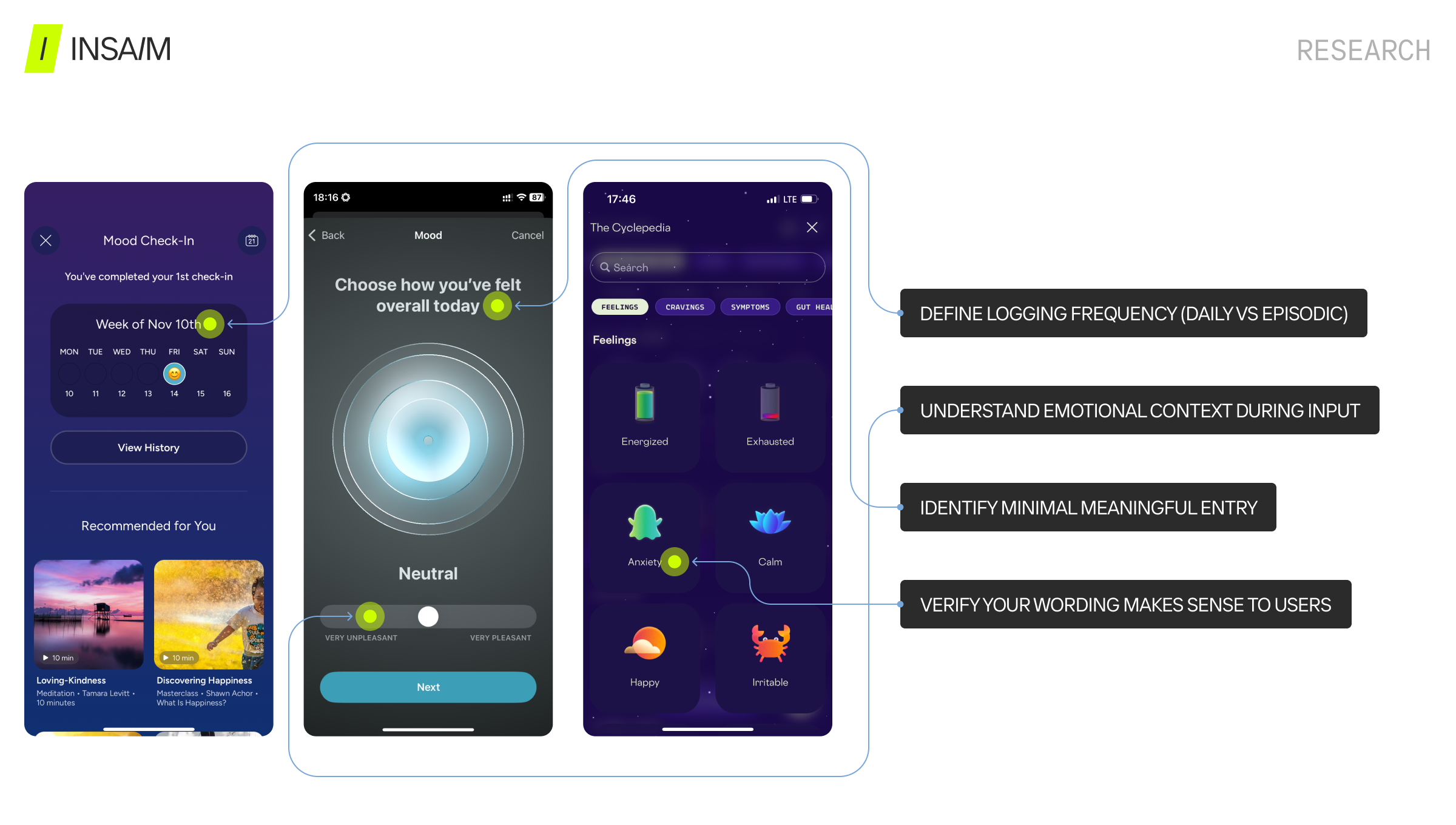 INSAIM UX research slide comparing mood check-in interfaces from health tracker apps — showing logging frequency, emotional context input, minimal meaningful entry, and wording validation. Best practices for symptom tracker app design and patient engagement