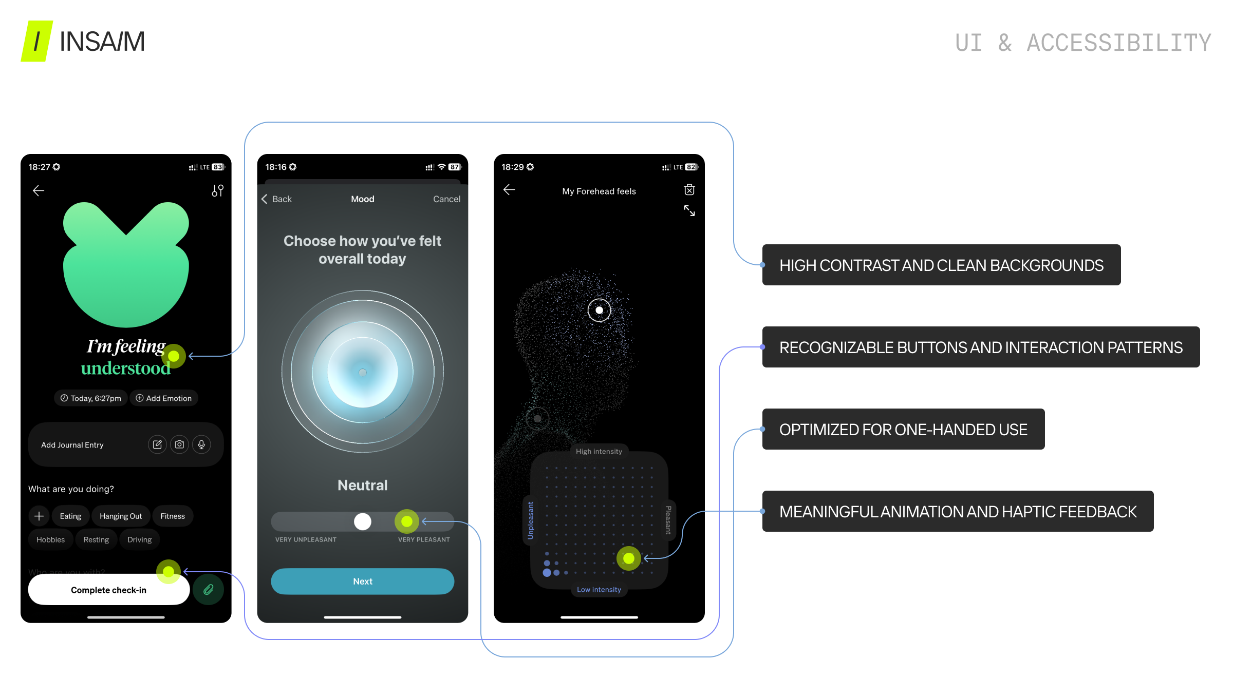 "INSAIM UI and accessibility slide demonstrating high-contrast medical mobile app design, one-handed use optimization, recognizable interaction patterns, and haptic feedback — accessibility best practices for symptom tracking interfaces