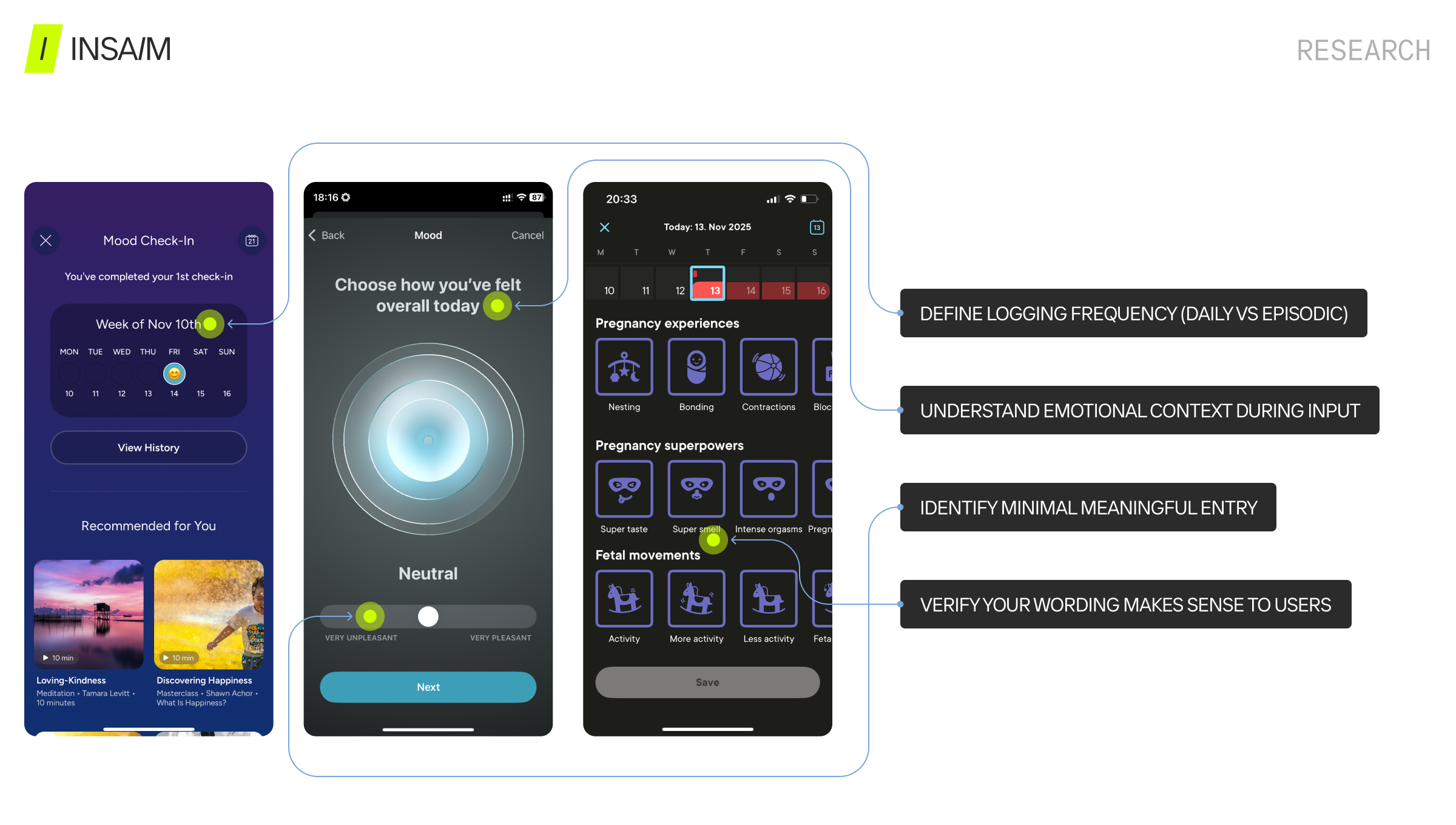 INSAIM UX research slide comparing mood check-in interfaces from health tracker apps — showing logging frequency, emotional context input, minimal meaningful entry, and wording validation. Best practices for symptom tracker app design and patient engagement