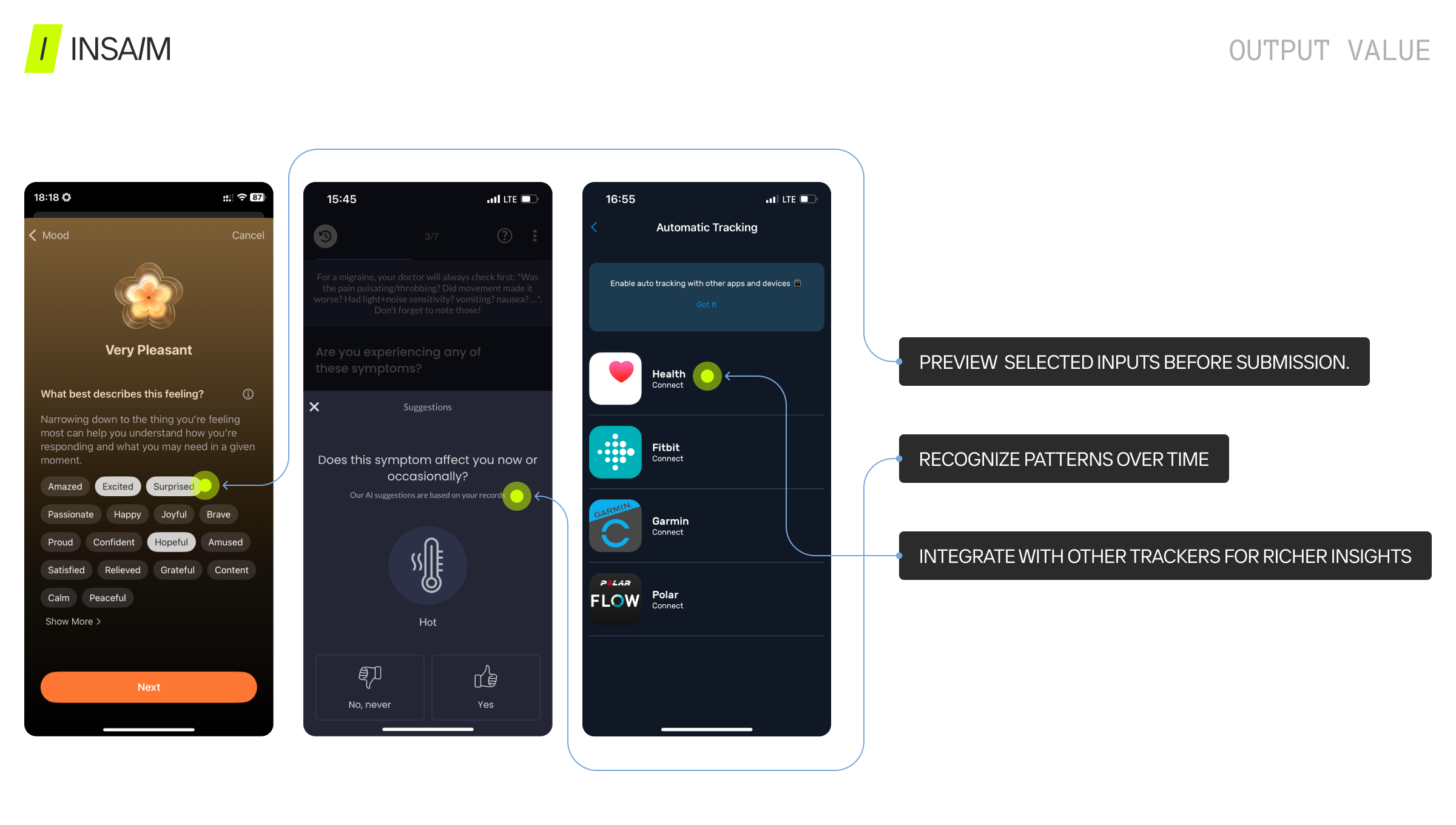 INSAIM output value slide showing preview of selected inputs before submission, pattern recognition over time, and integration with Health, Fitbit, Garmin, and Polar trackers. Richer insights through connected health tracker app design.