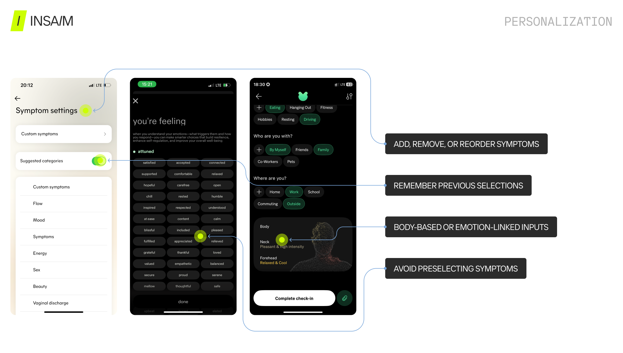 INSAIM Design research slide showing personalization features in a health tracking app: custom symptom settings, emotion selection screen with mood descriptors, and a check-in screen with context input