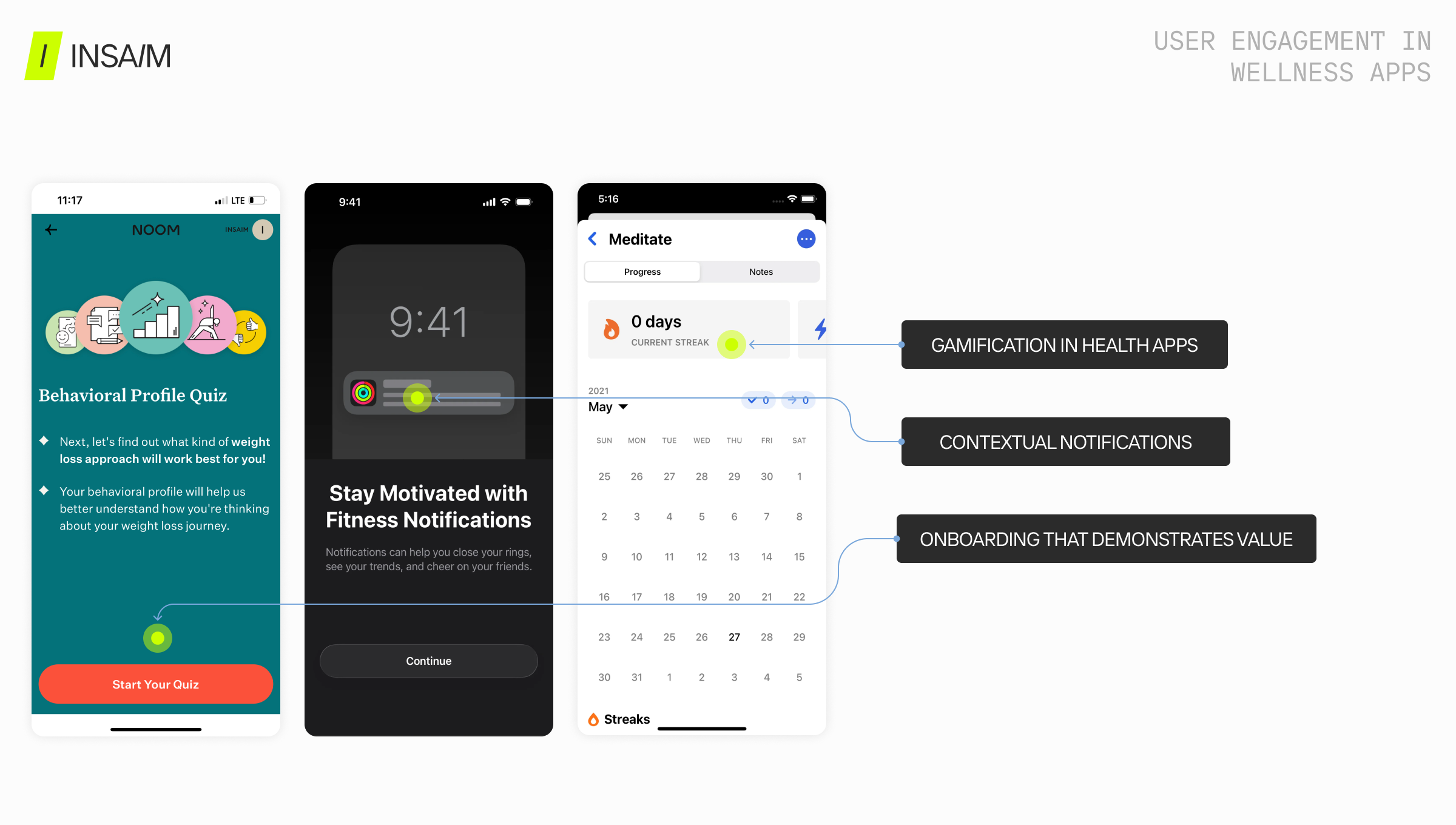 Noom behavioral profile quiz onboarding, Apple Fitness contextual notifications, and Habitify streak calendar — examples of gamification in health apps, contextual notifications, and onboarding that demonstrates value