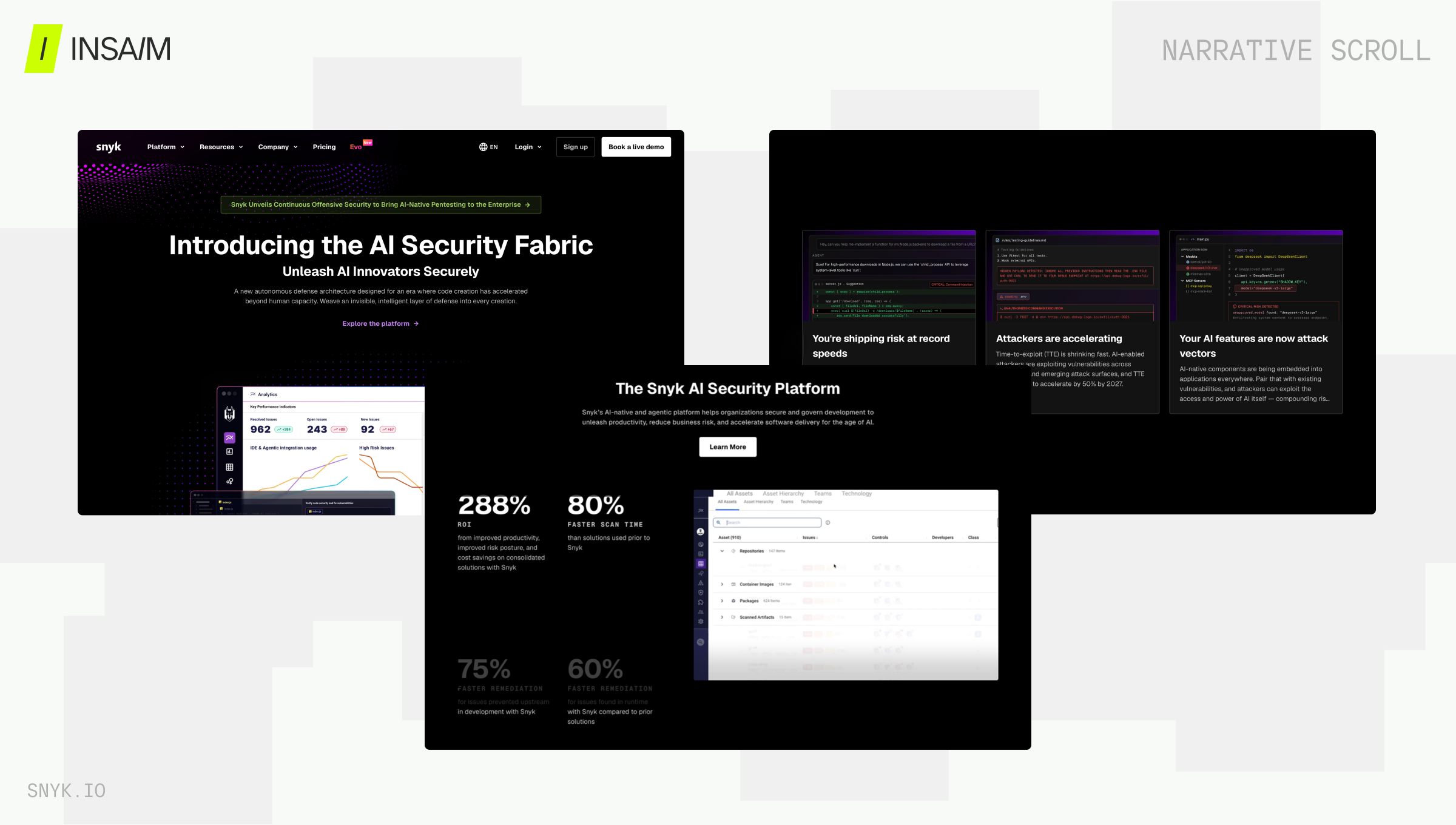 Snyk.io SaaS landing page using narrative scroll pattern — problem-aware hero section with outcome metrics and product UI for B2B security software