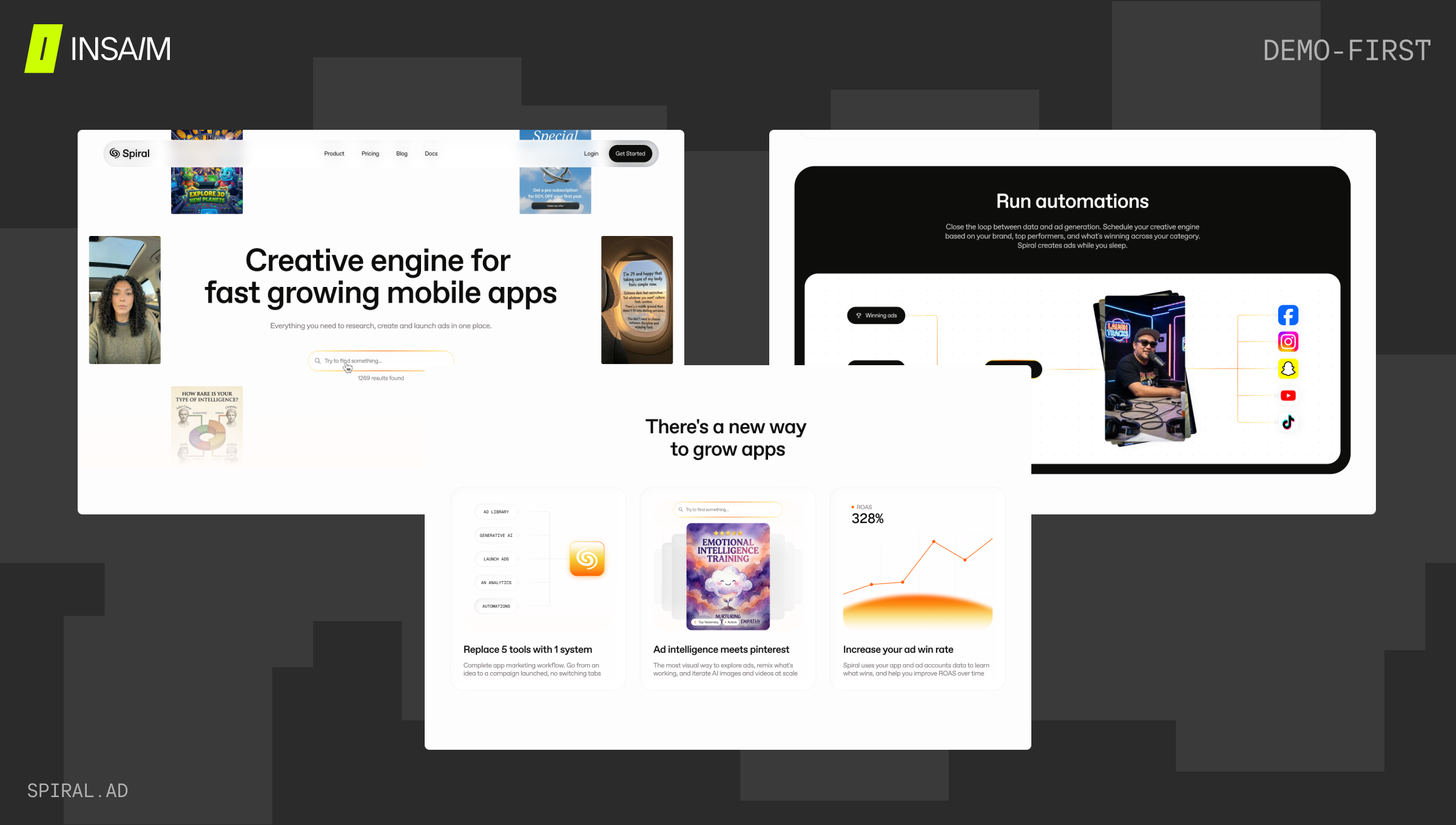 Spiral.ad SaaS landing page using demo-first scroll pattern — product interface leading the page for a mobile app creative engine