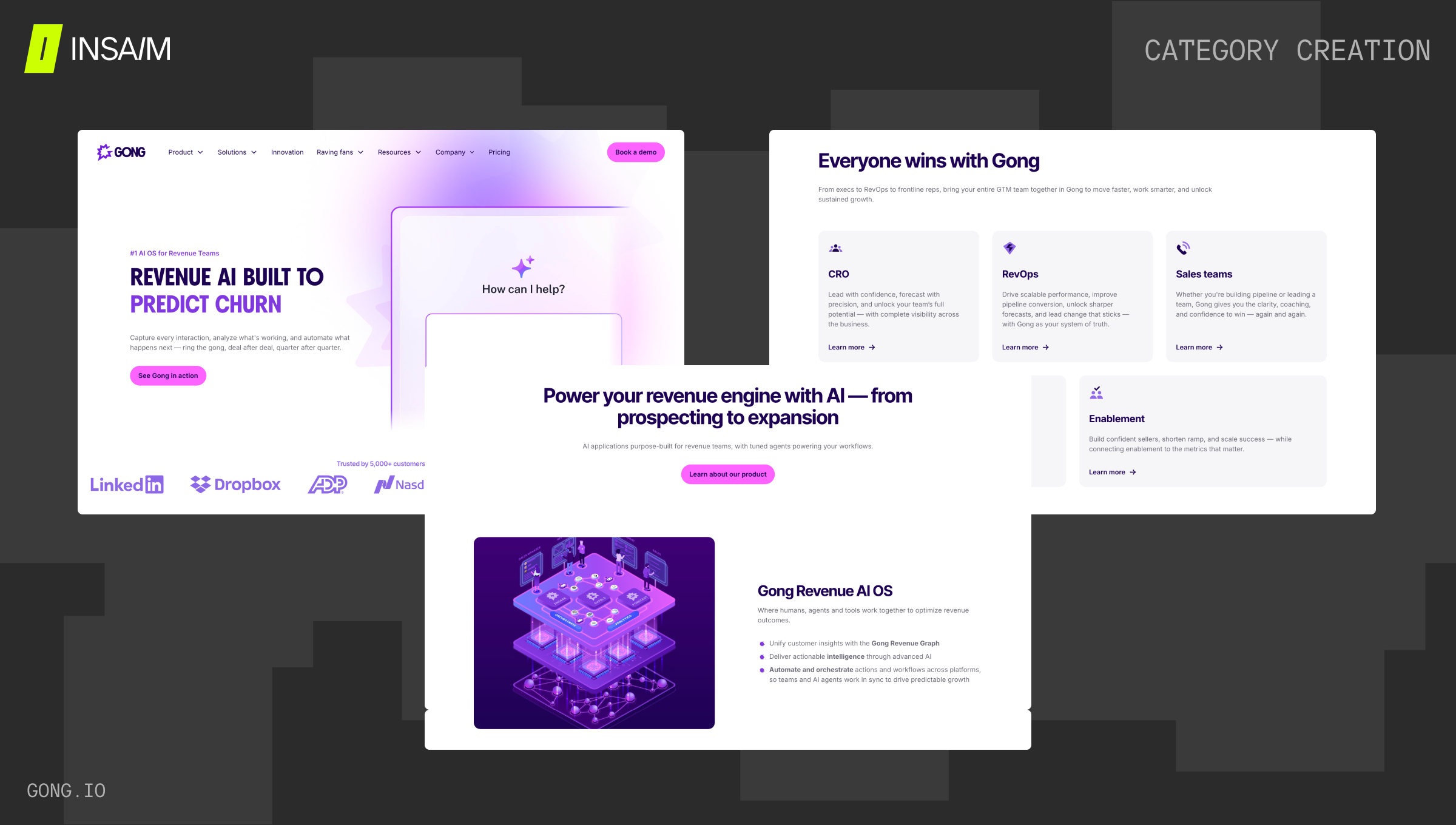 Gong.io SaaS landing page using category creation scroll pattern — Revenue AI OS positioning across CRO, RevOps, and sales team use cases