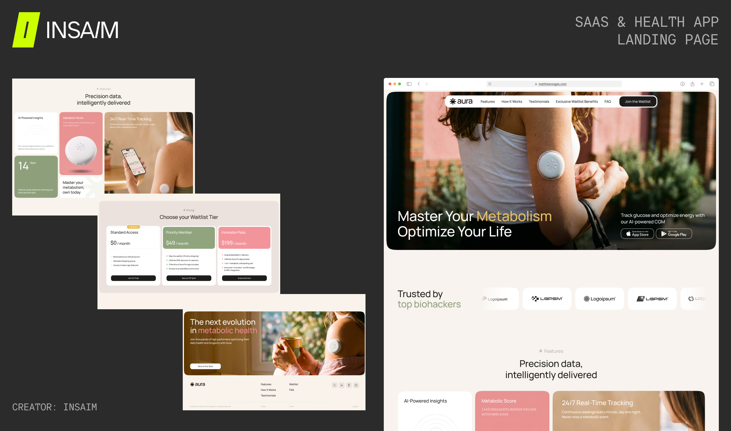 Health app and SaaS Framer template featuring a clean bento-grid design, responsive landing pages, pricing tables, testimonials, and app download sections.