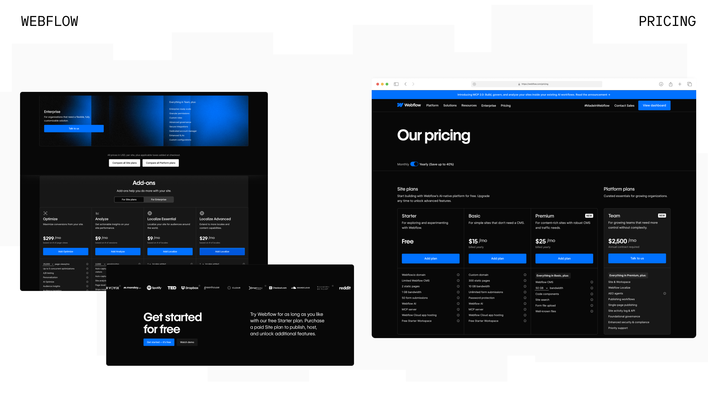 Webflow pricing page design separating site plans, platform plans, and optional add-ons
