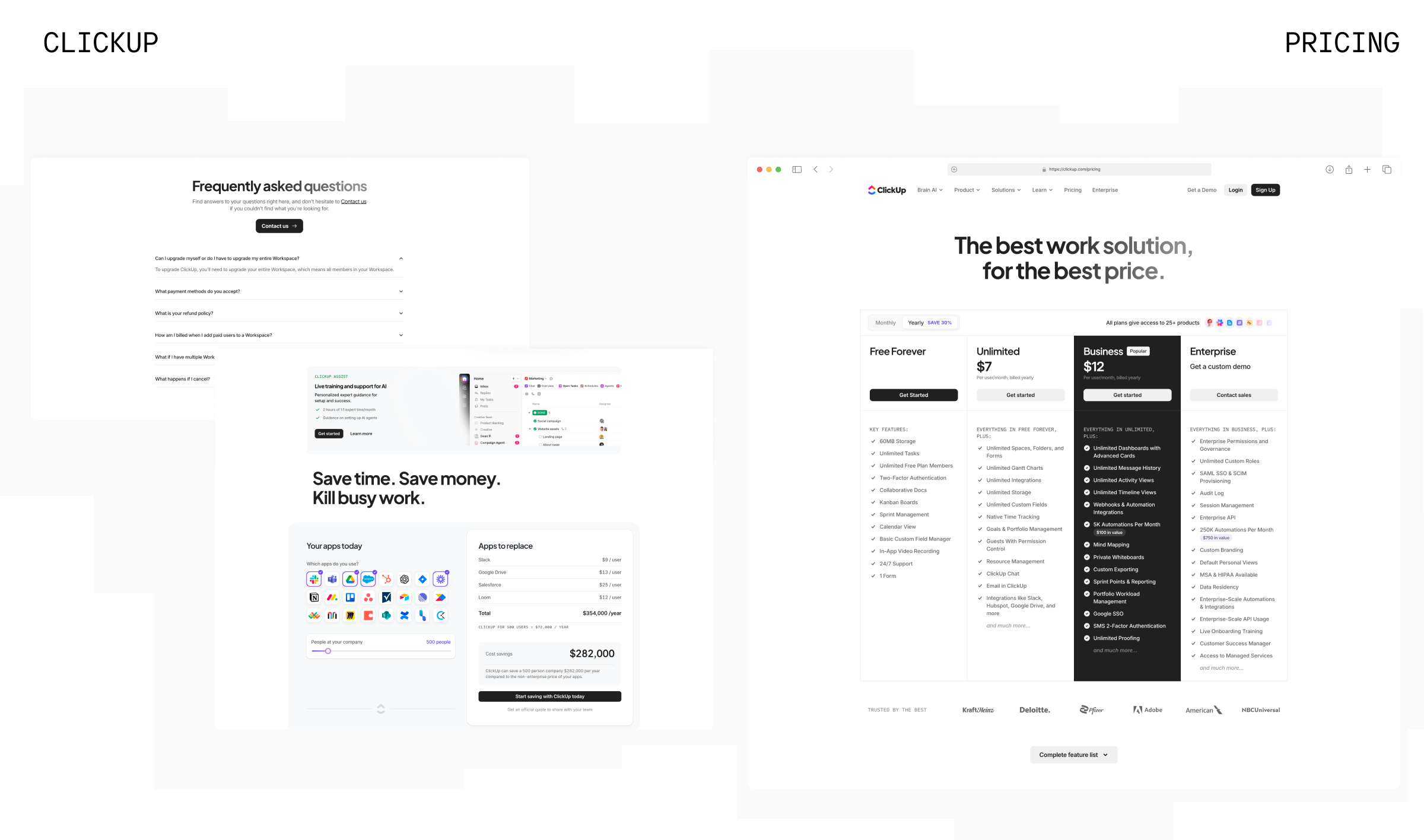 ClickUp pricing page design with a cost-savings calculator comparing existing tool stack pricing