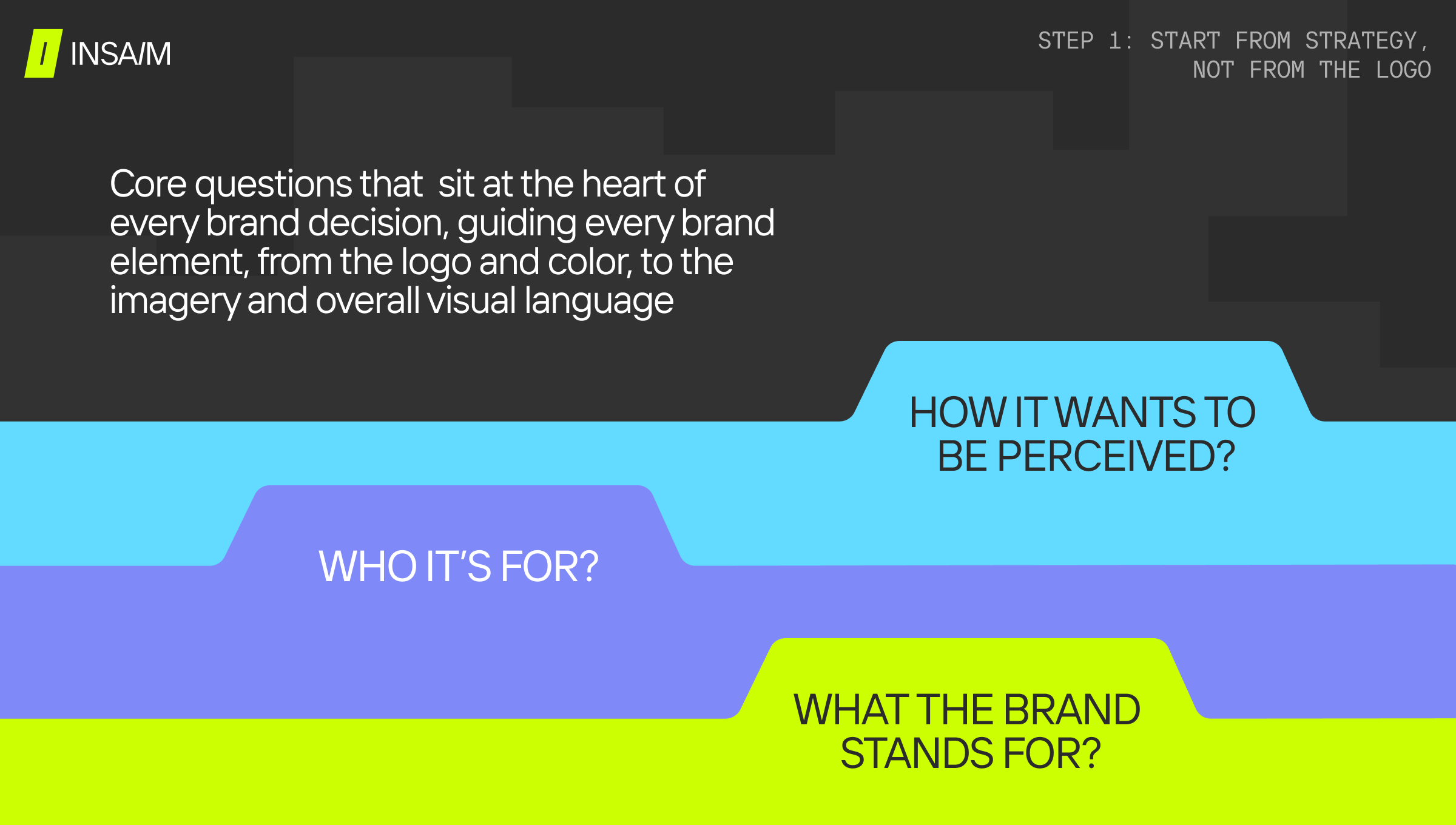 Brand guidelines slide titled "Step 1: Start from strategy" showing three colored ribbon-shaped tabs, each labeled with a core positioning question: "How it wants to be perceived?", "Who it's for?", and "What the brand stands for?"