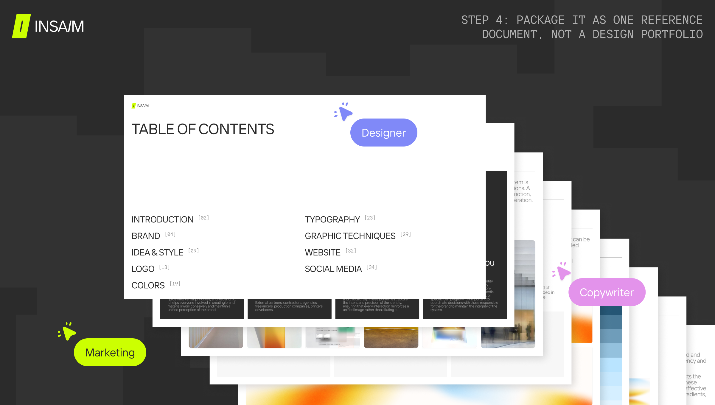 Brand guidelines slide titled "Step 4: Package it as one reference document" showing a stacked document mockup labeled "Table of Contents," with floating tag bubbles reading "Designer," "Copywriter," and "Marketing" pointing to different sections of the document.