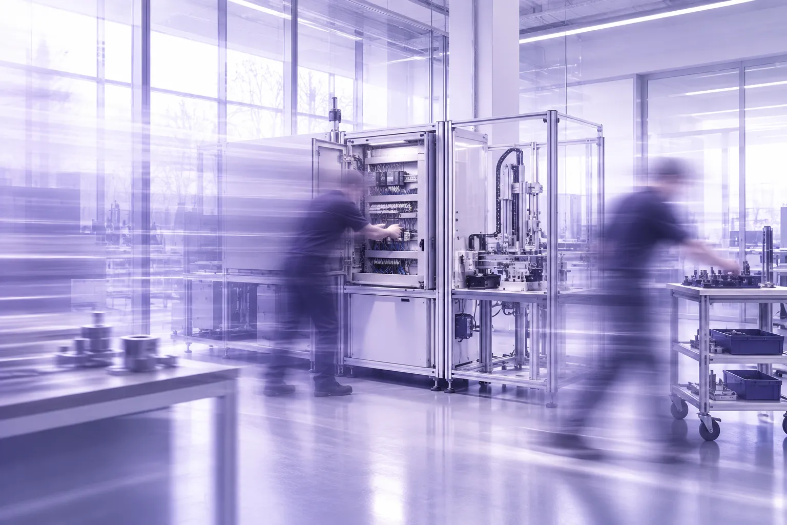 Turnaround: production area of an industrial company with machinery and employees in motion