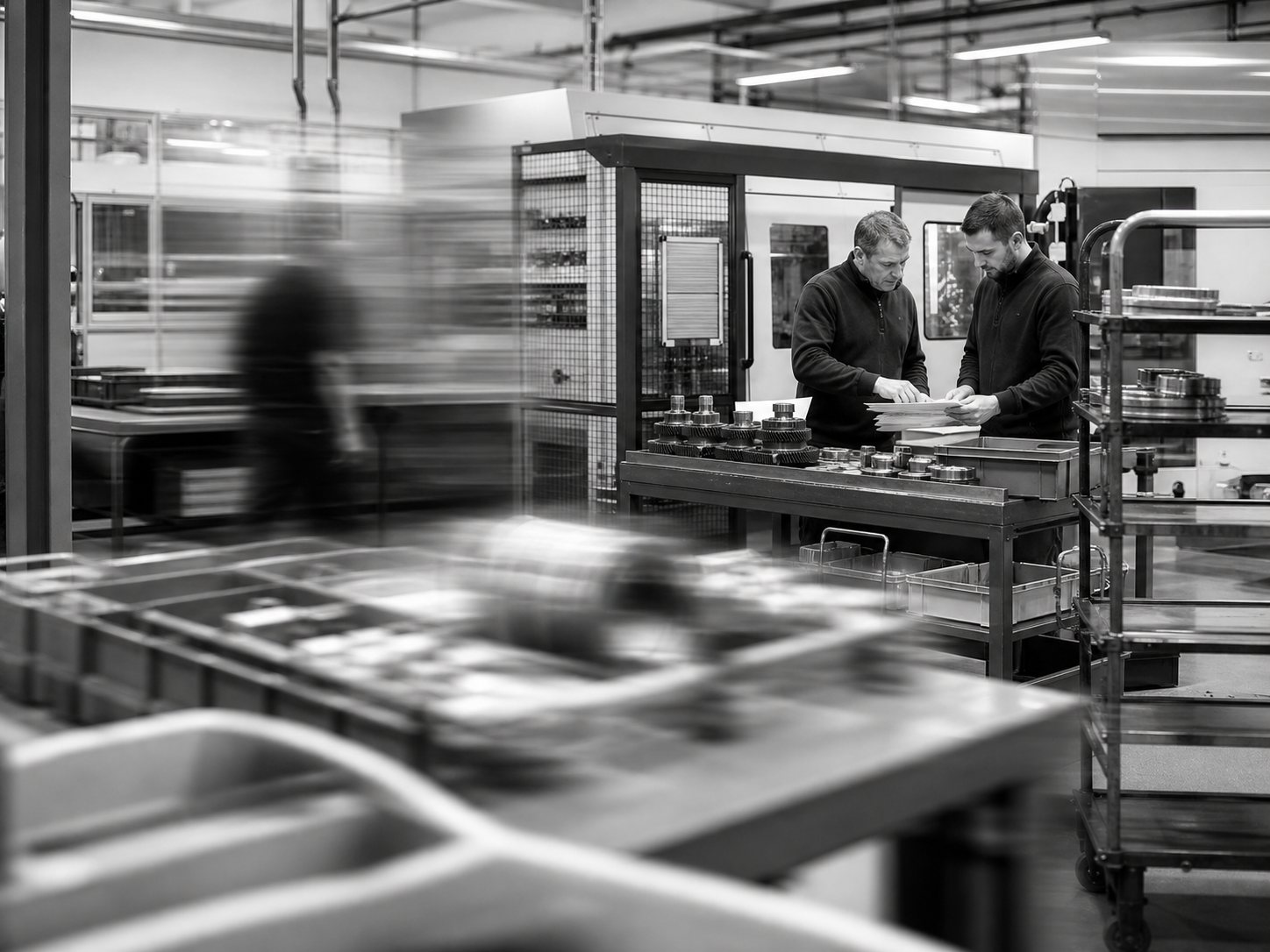 Fertigungshalle eines Industrieunternehmens: zwei Führungskräfte besprechen Unterlagen am Arbeitsplatz