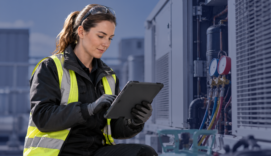 female f-gas engineer using software on a tablet