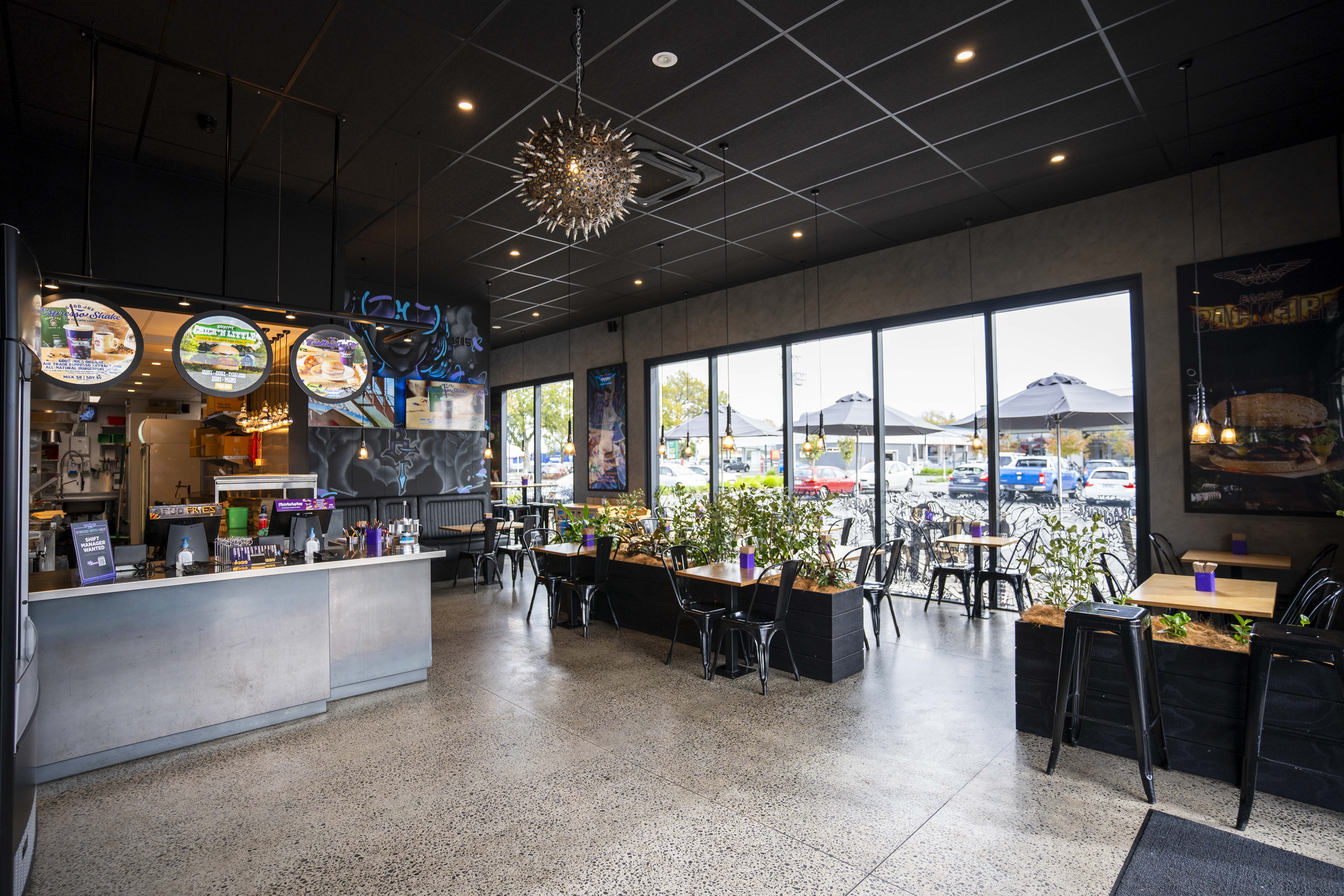 BurgerFuel Cambridge in-store interior seating 3