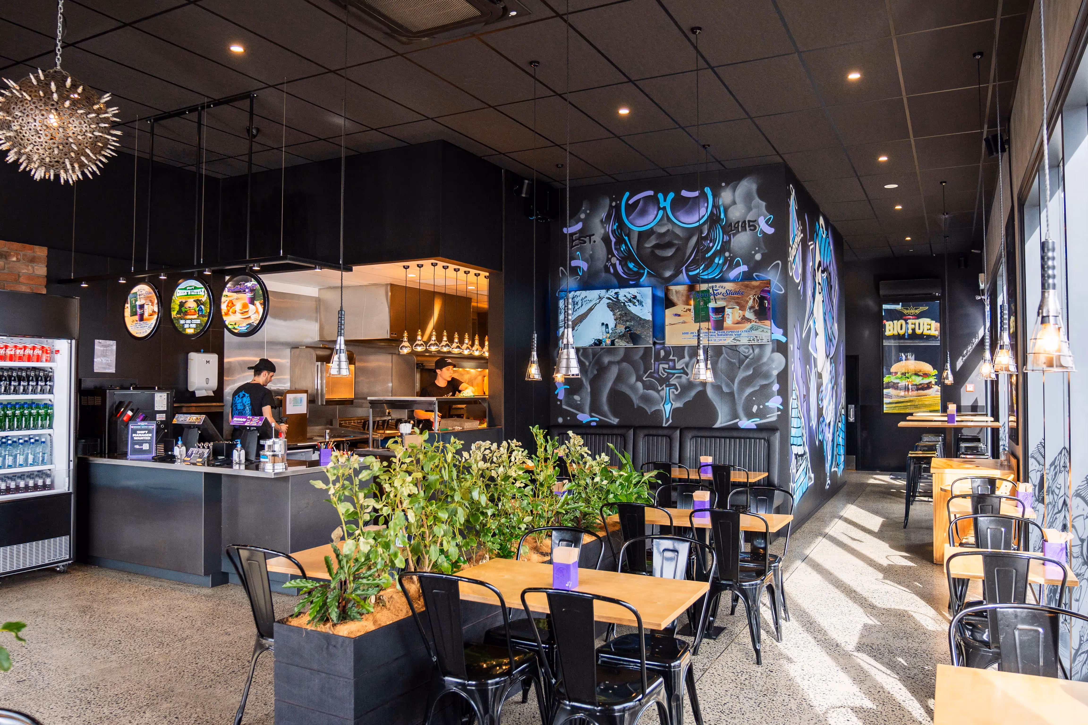 BurgerFuel Cambridge in-store interior seating 2