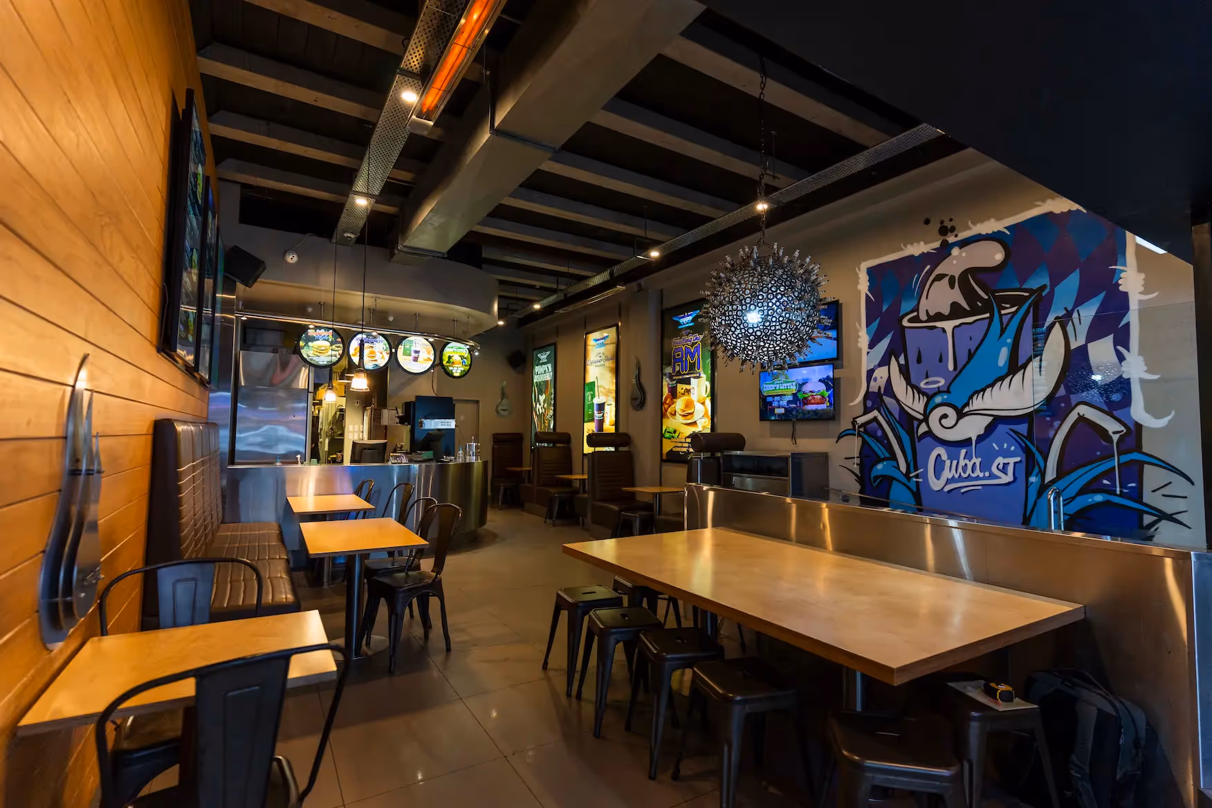 BurgerFuel Cuba Street in-store interior seating 1