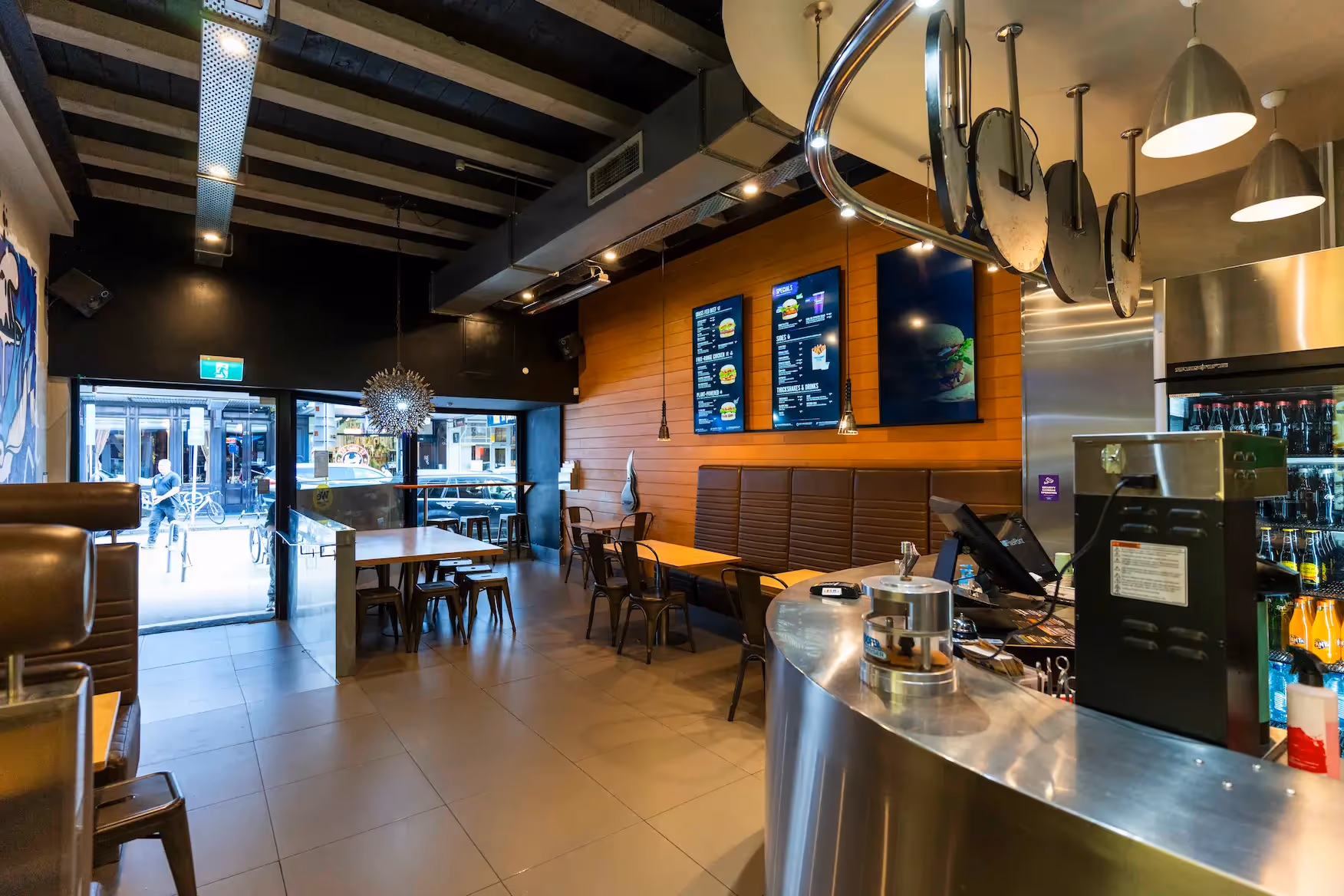 BurgerFuel Cuba Street in-store interior seating 2