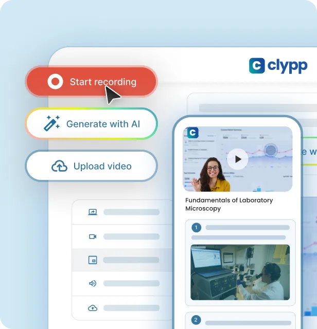 The image shows a mockup of the Clypp webapp and indicates how easy it is to start a recording in Clypp. There is a red button labeled "Start recording" in the foreground and multiple options on what to record in the background, e.g. the screen, a webcam, both screen and webcam together, etc. File uploads are also shown as an option.