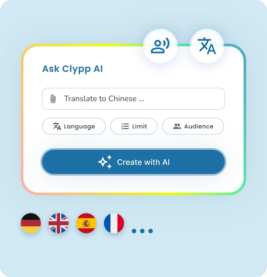 The picture shows a popup mockup of the Clypp web app. It shows the option to "Ask Clypp AI", indicating a multitude of options to use AI within the Clypp application. In this particular case, the image shows the request to "Translate my content to Chinese" and the option to create new content with AI.