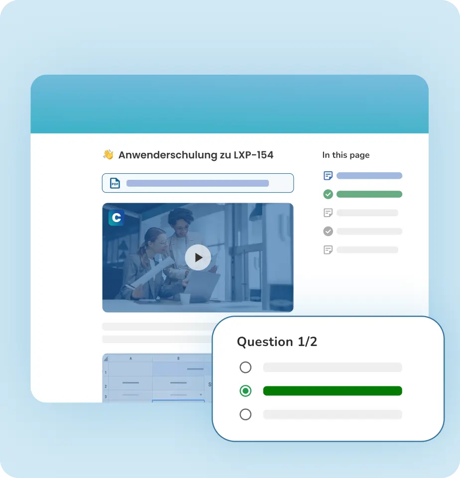 The image is a mockup of the training module in Clypp. It shows a combination of content, namely video and text, all combined in a training environment. In the image, there is also a table of content and the option to give answers to a question as part of a quiz.