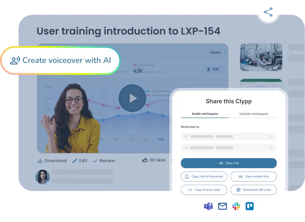 Clypp user training video on LXP-154 with AI-generated voiceover and sharing options interface
