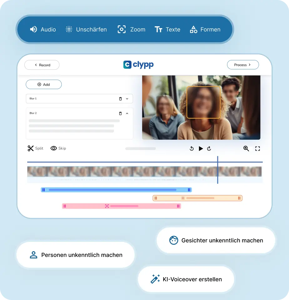 Das Bild zeigt ein Mockup der Clypp Webanwendung. Es ist eine beispielhafte Schulung sichtbar, die durch Video- und Textelemente an Lernende ausgespielt wird, inklusive der Möglichkeit, Fragen zu beantworten.