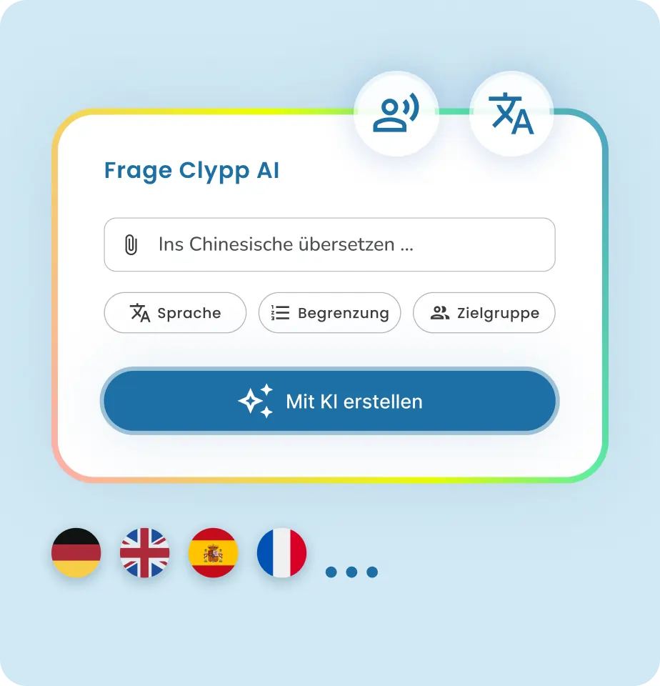 Es wird ein Popup gezeigt, das dem User die Nutzung von Clypp AI ermöglicht, um bspw. Inhalte in andere Sprachen wie zum Beispiel Chinesisch zu übersetzen.