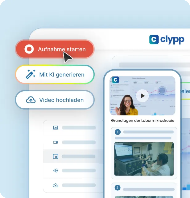 Das Bild zeigt ein Mockup der Clypp Anwendung. Es verdeutlicht, wie einfach es ist, mit Clypp eine Aufnahme zu starten. Dazu wird ein roter Button angezeigt, ebenso wie verschiedene Aufnahmemodi, z.B. Kamera- oder Bildschirmaufnahmen.