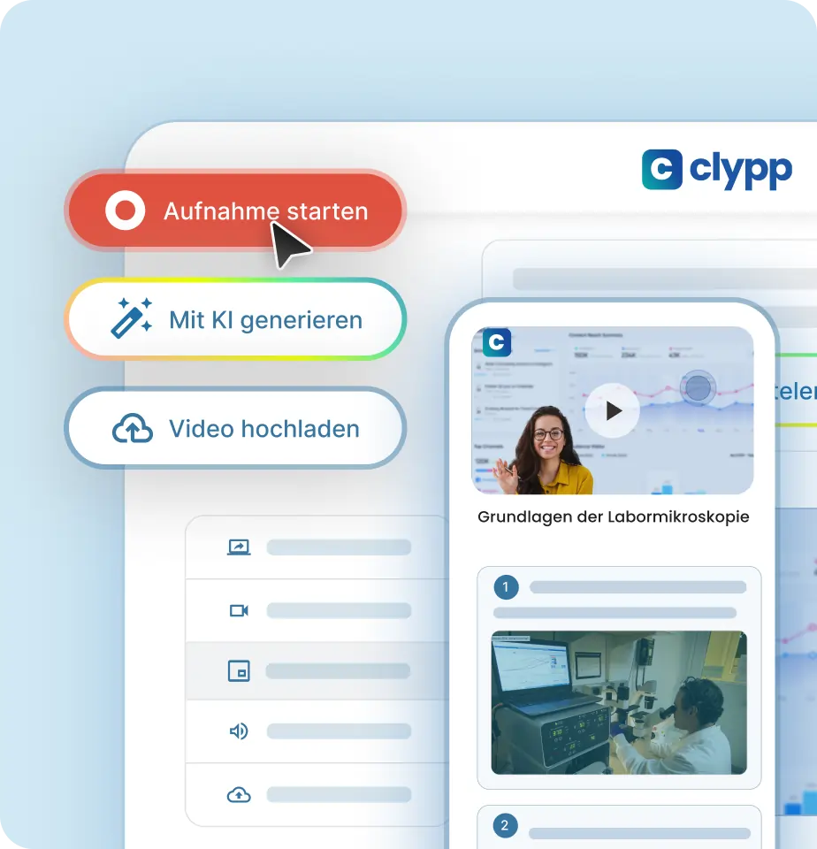 Das Bild zeigt ein Mockup der Clypp Anwendung. Es verdeutlicht, wie einfach es ist, mit Clypp eine Aufnahme zu starten. Dazu wird ein roter Button angezeigt, ebenso wie verschiedene Aufnahmemodi, z.B. Kamera- oder Bildschirmaufnahmen.