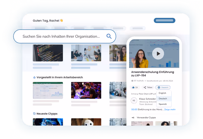 Clypp-Dashboard mit Inhaltssuche und mobiler Vorschau einer Trainingsvideo-Fallstudie